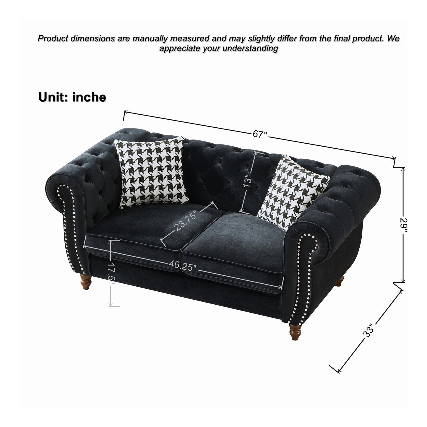Chesterfield 3 And 2 Seater Velvet Upholstery Sofa With Roll Armrest & Nailhead Fabric Couch