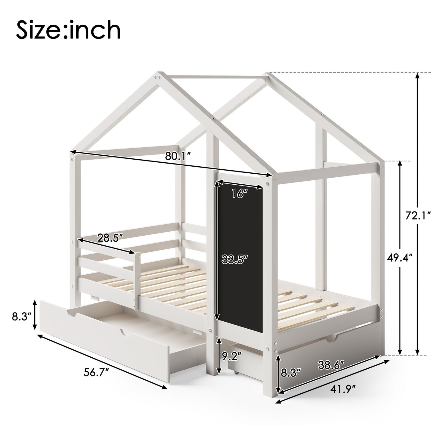 Twin House Bed With Blackboard And Drawers, 2 Assembly Options - White