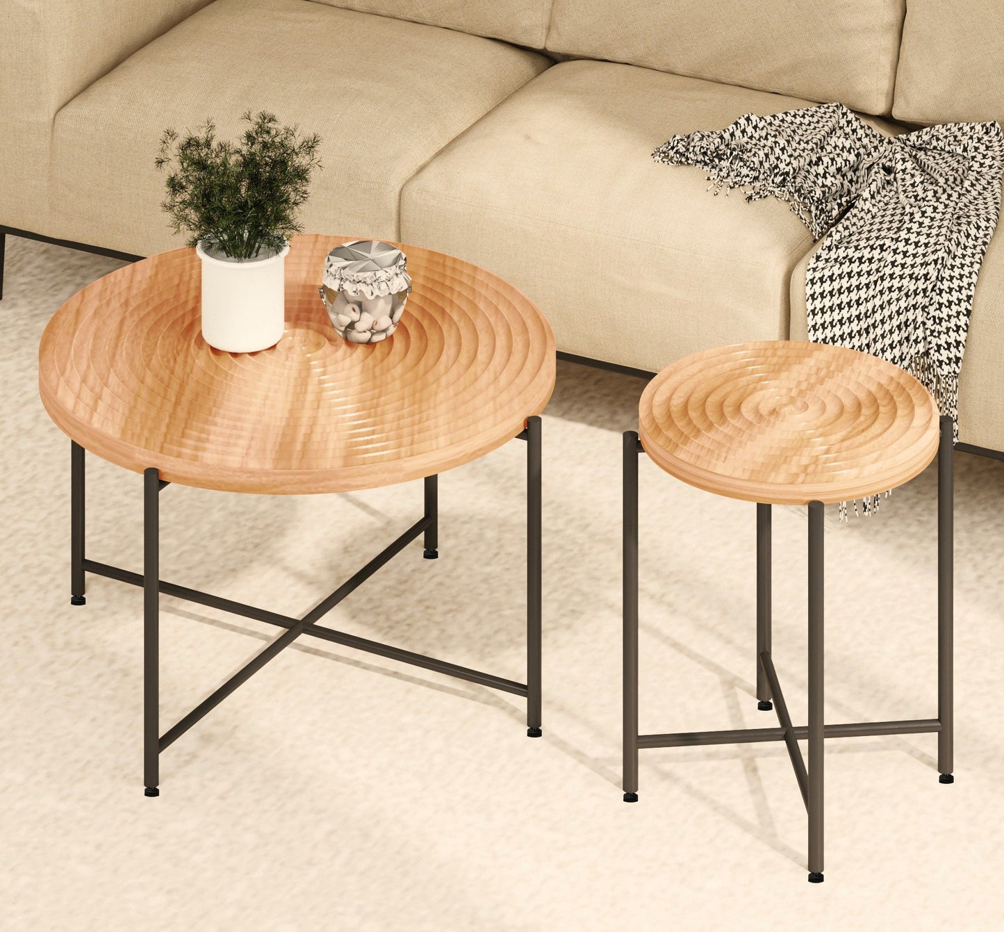 Coffee And End Table Set Waterproof Cover, Distressed Cylindrical Design, Legs Classic Rustic Charm (Set of 2)