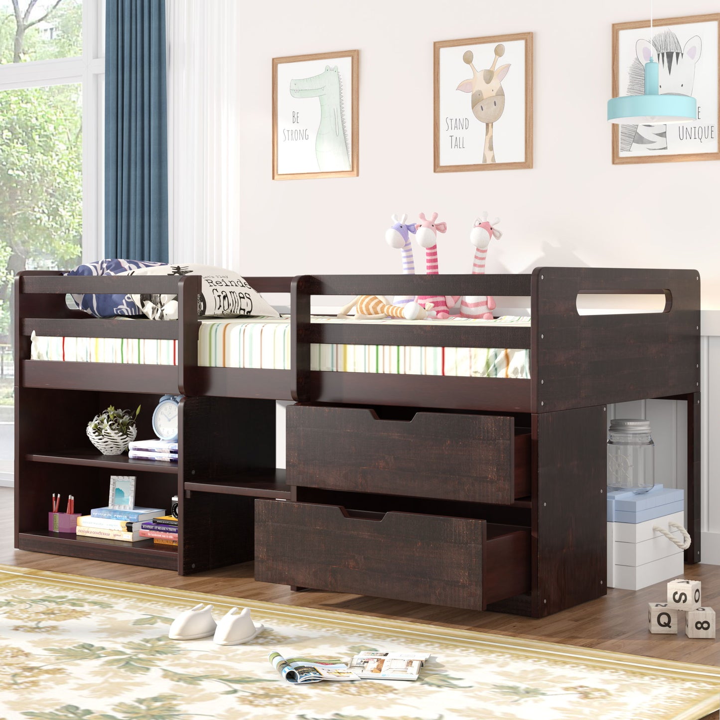 Loft Bed With Two Shelves And Two Drawers