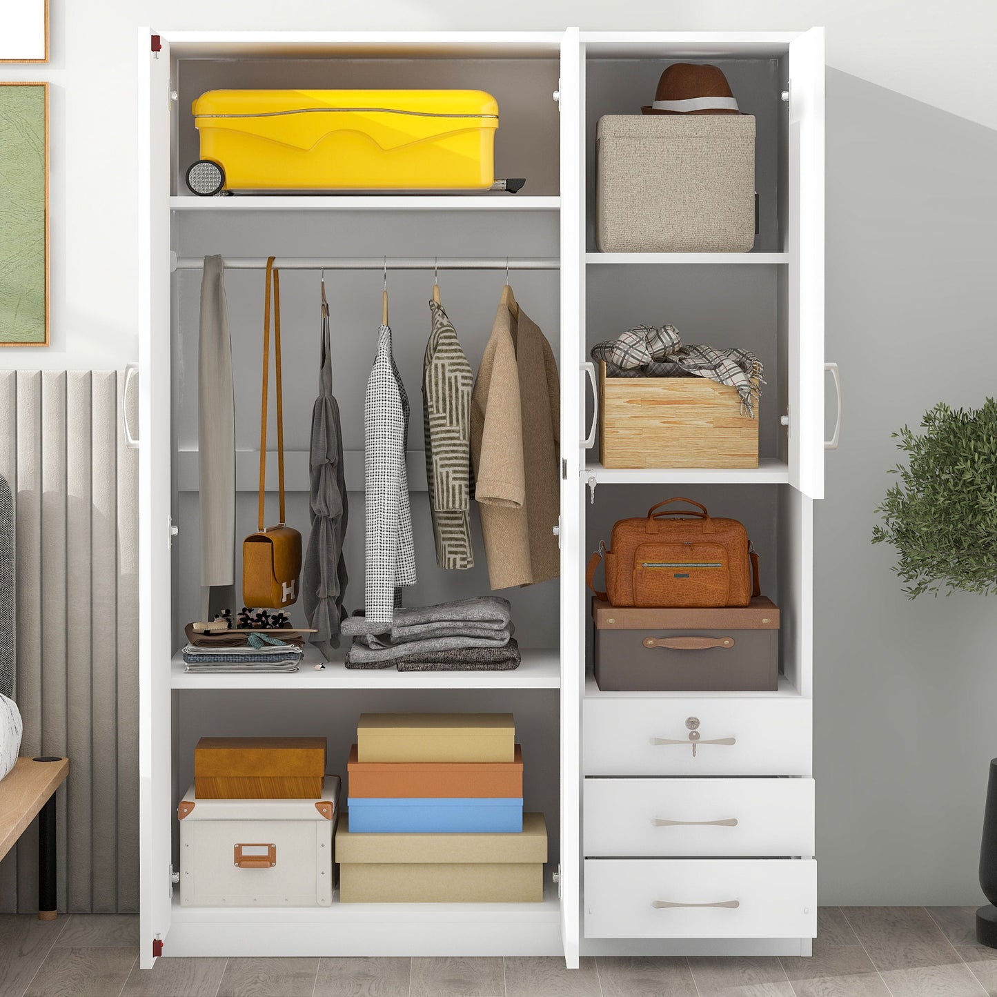 2 Doors Wardrobe Storage For Bedroom With Shelves And 3 Drawers