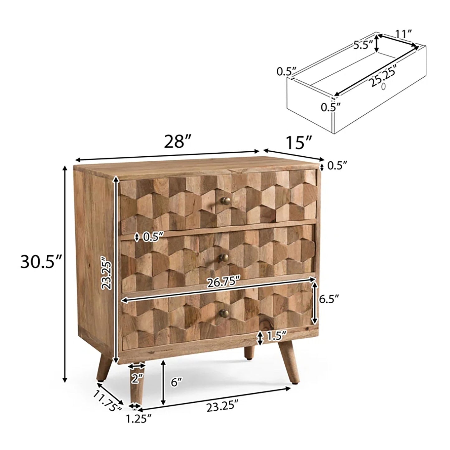 Mid Century Modern Mango Wood 3 Drawer Chest With 3D Tile Weave Design - Natural