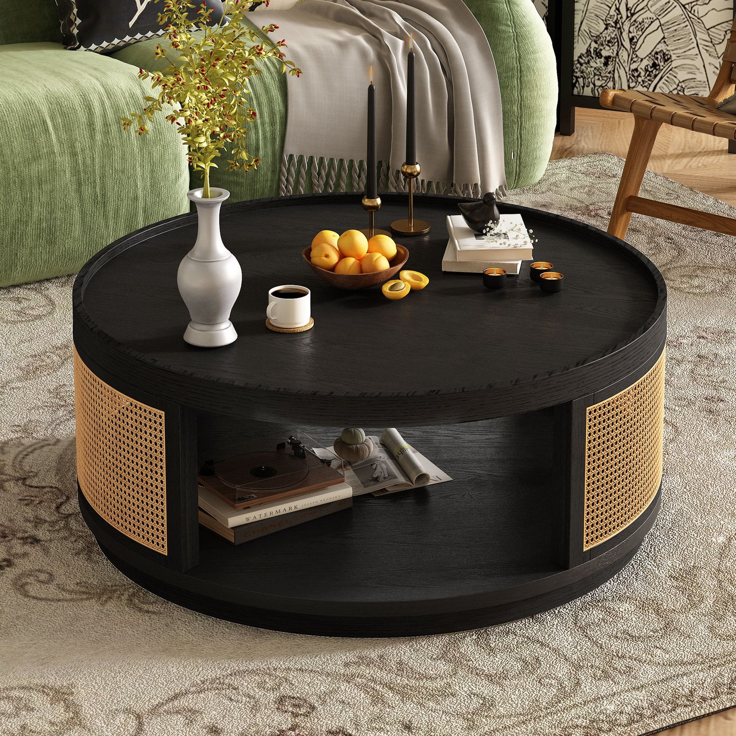 Round Cane Coffee Table With Rattan Side