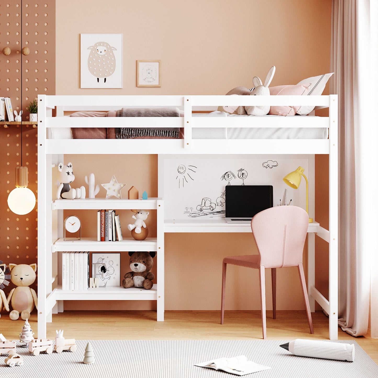 Loft Bed With Shelves, Desk And Writing Board