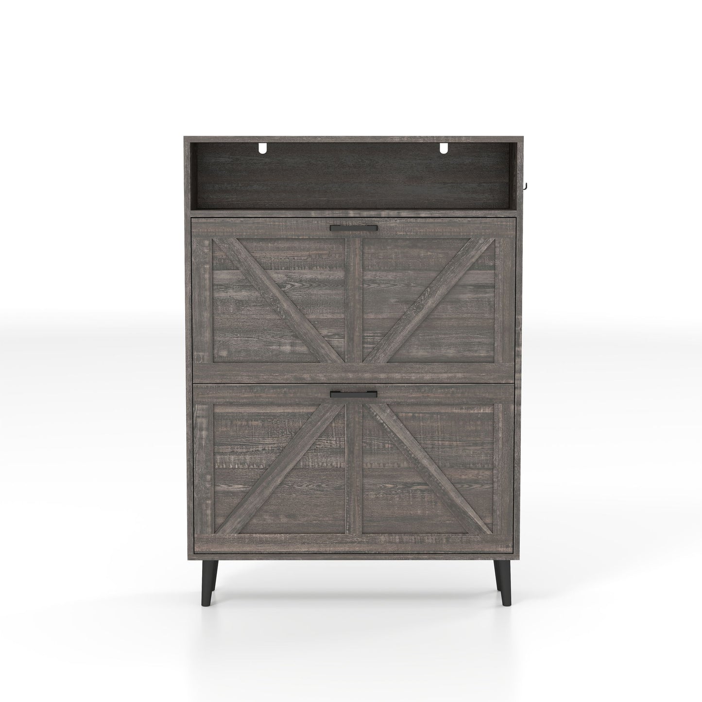 Farmhouse Shoe Storage Cabinet With Barn Door Design, 2 Flip Drawers, Hooks - Dark Oak