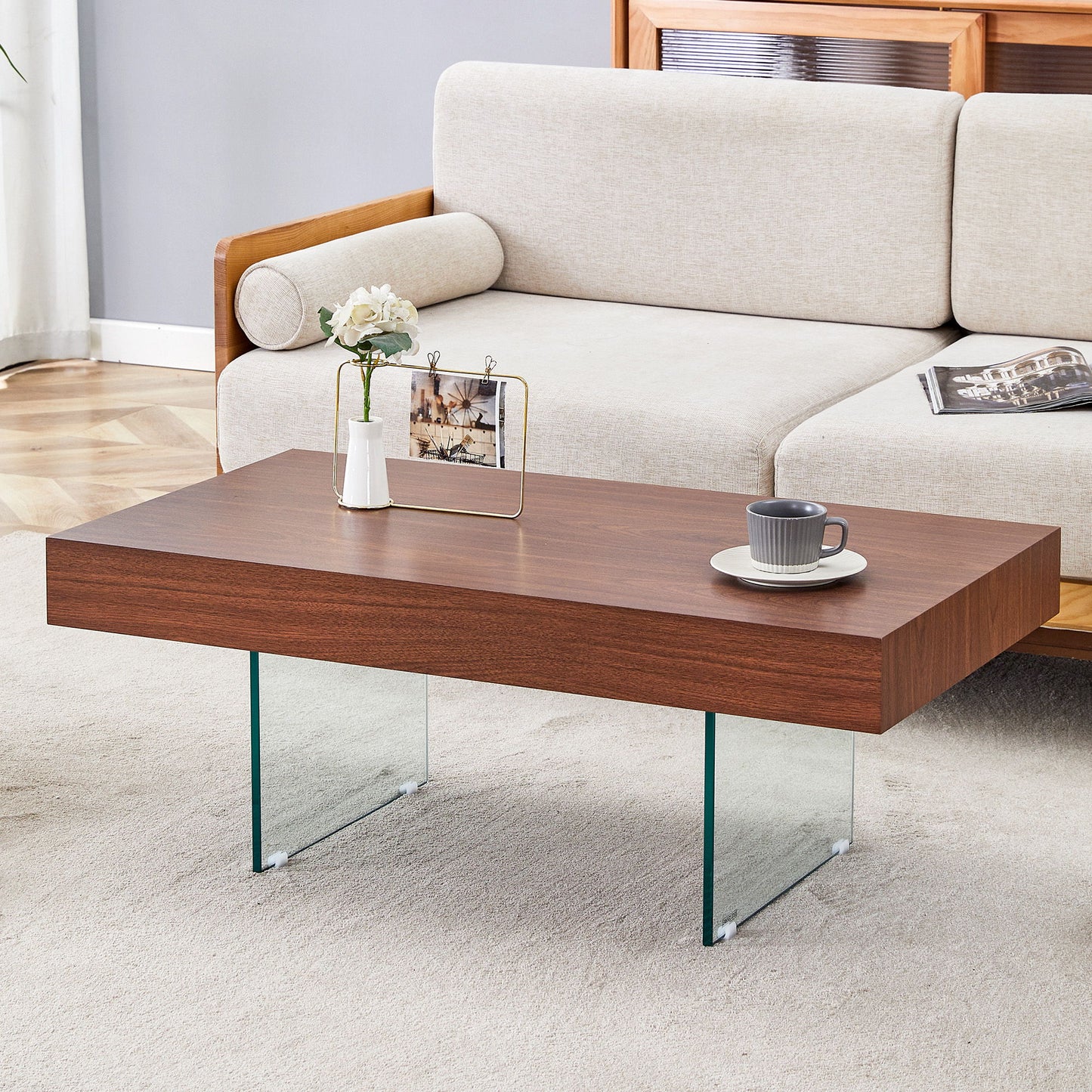 Natural Style Coffee Table With Glass Legs - Wood Grain Texture