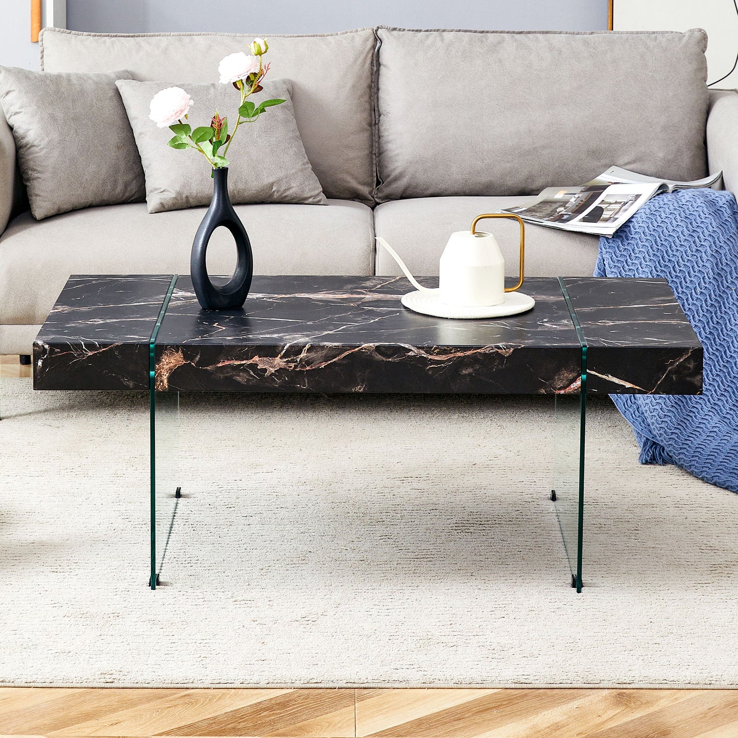 Modern Marble Patterned Coffee Table With Tempered Glass Legs