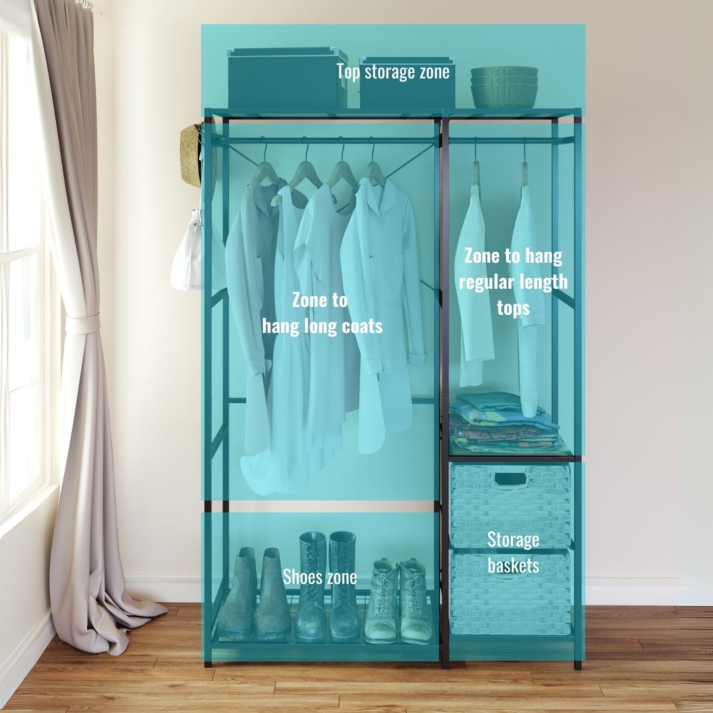 Garment Rack With Shelves, 2 Wicker Drawers, 4 Hooks, Organizer