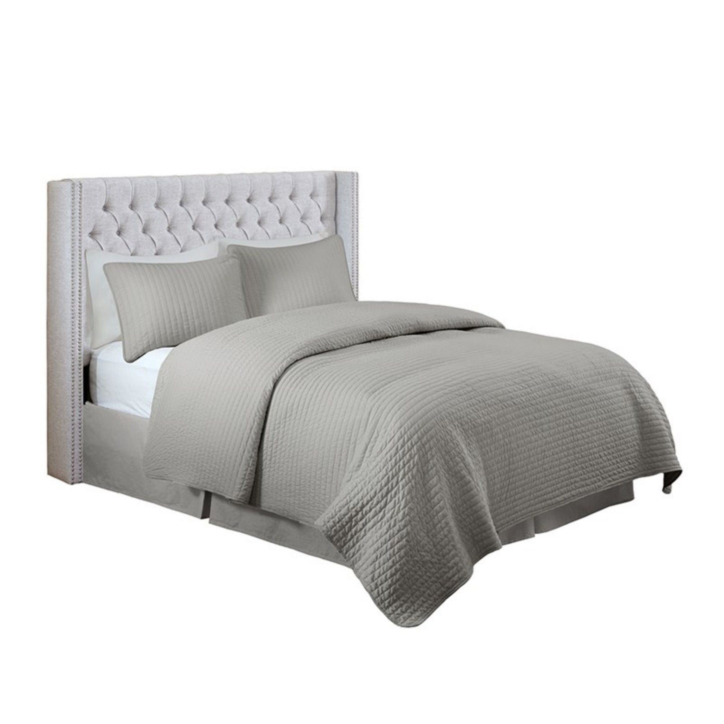 Queen Size Upholstery Headboard With Tufted Buttons And Nailhead Trim - Gray