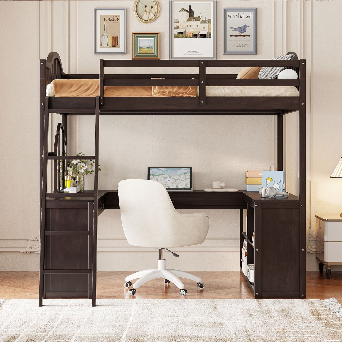 Loft Bed With Drawers, Cabinet, Shelves With Desk