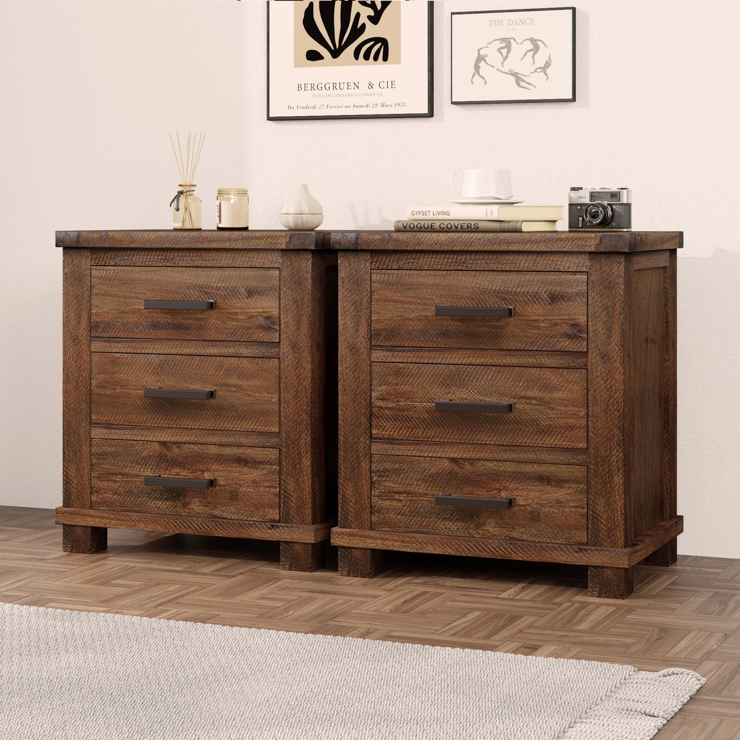 Rustic Farmhouse Nightstand (Set of 2) With 3 Drawers - Natural