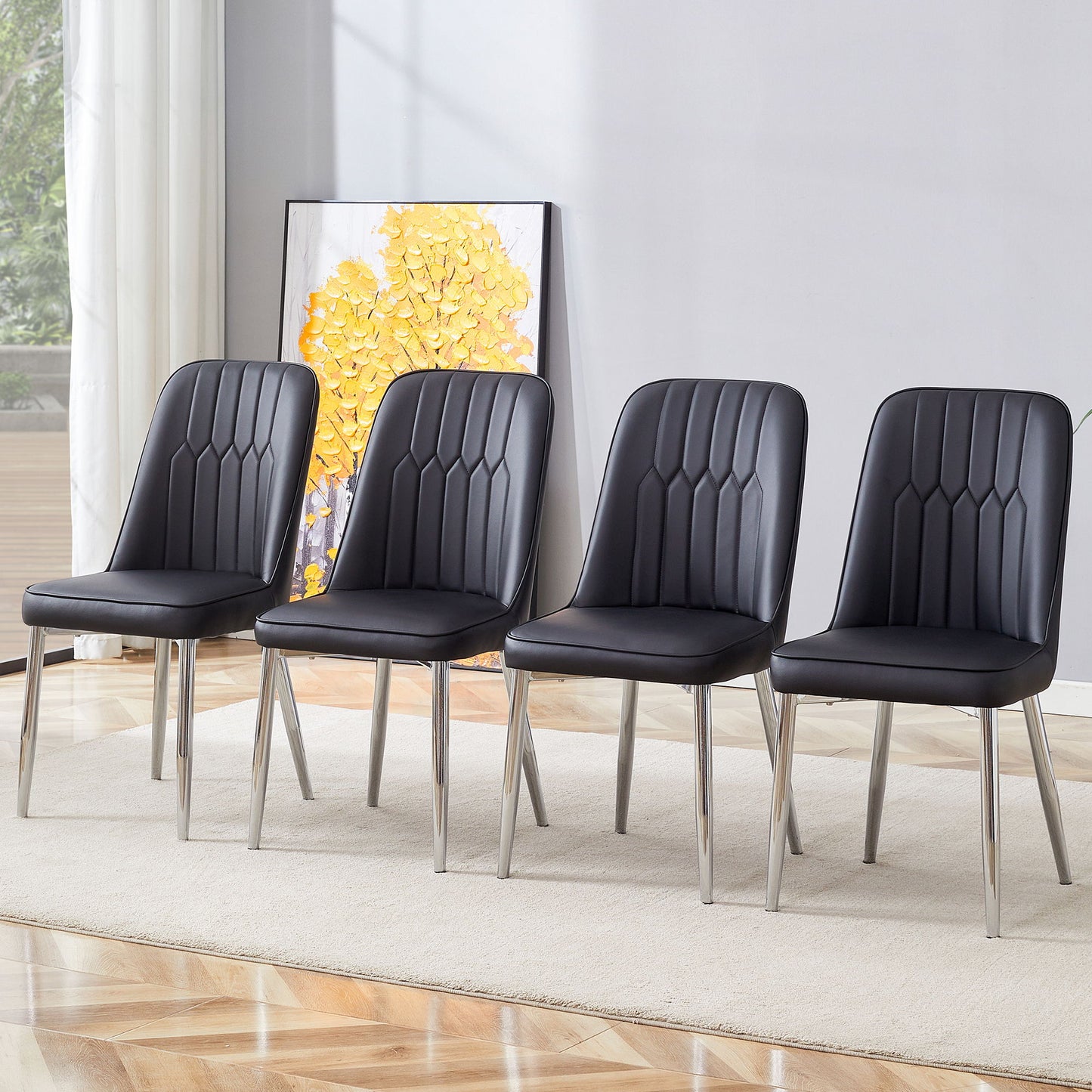 Modern Dining Chairs (Set of 4) With Backrest And Silver Metal Legs For Home And Office - Black