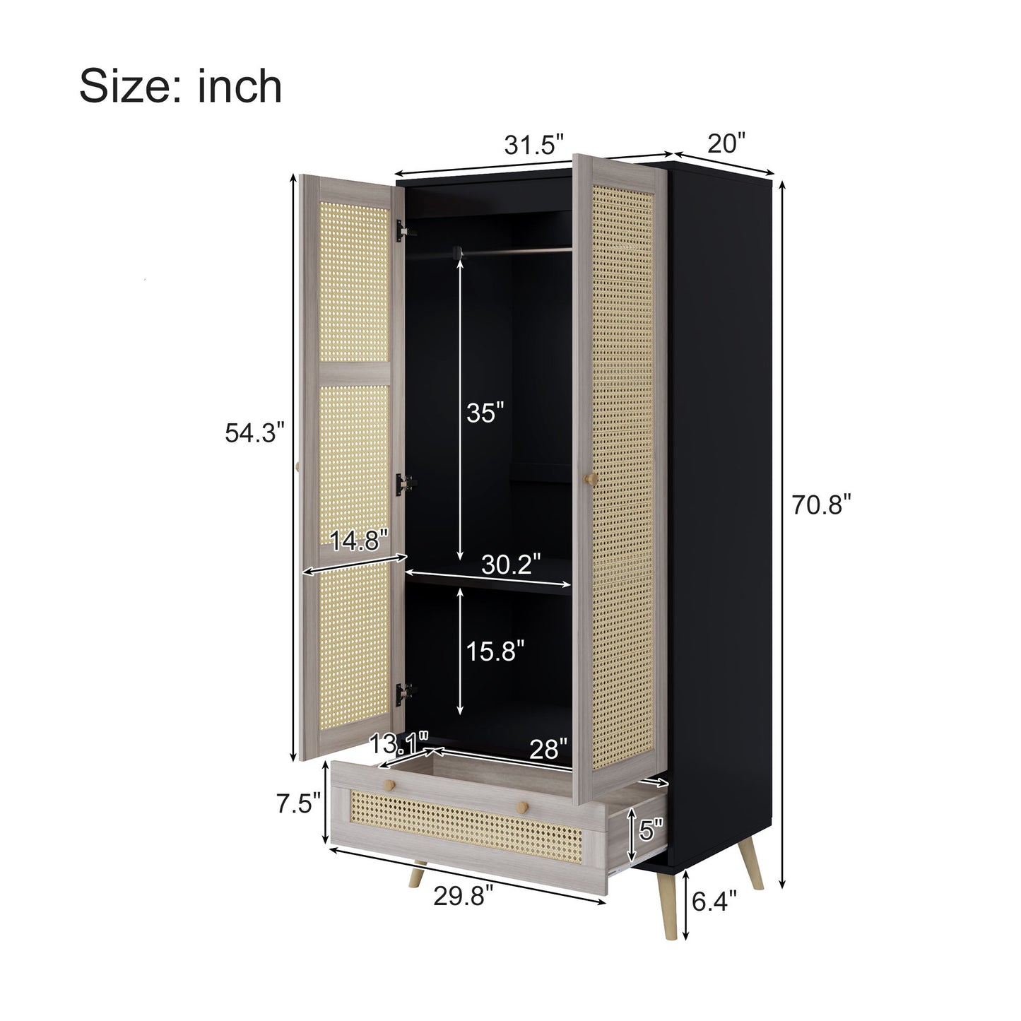 Tall Armoire Wardrobe Closet With 2 Rattan Doors & 1 Drawer, Boho Clothes Storage Cabinet With Hanging Rod For Bedroom - Natural / Black