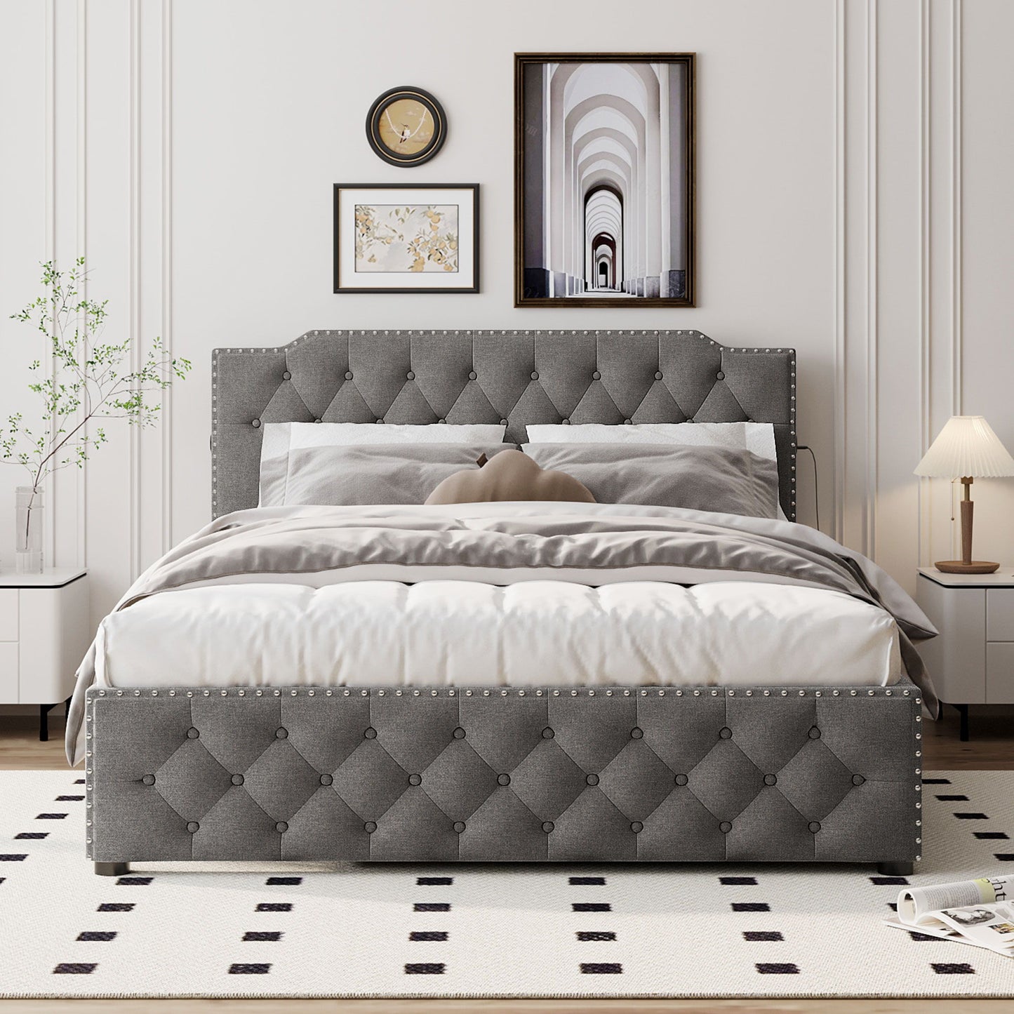 Upholstered Platform Bed With Trundle And 2 Sets Of USB Ports On Each Side, Linen Fabric