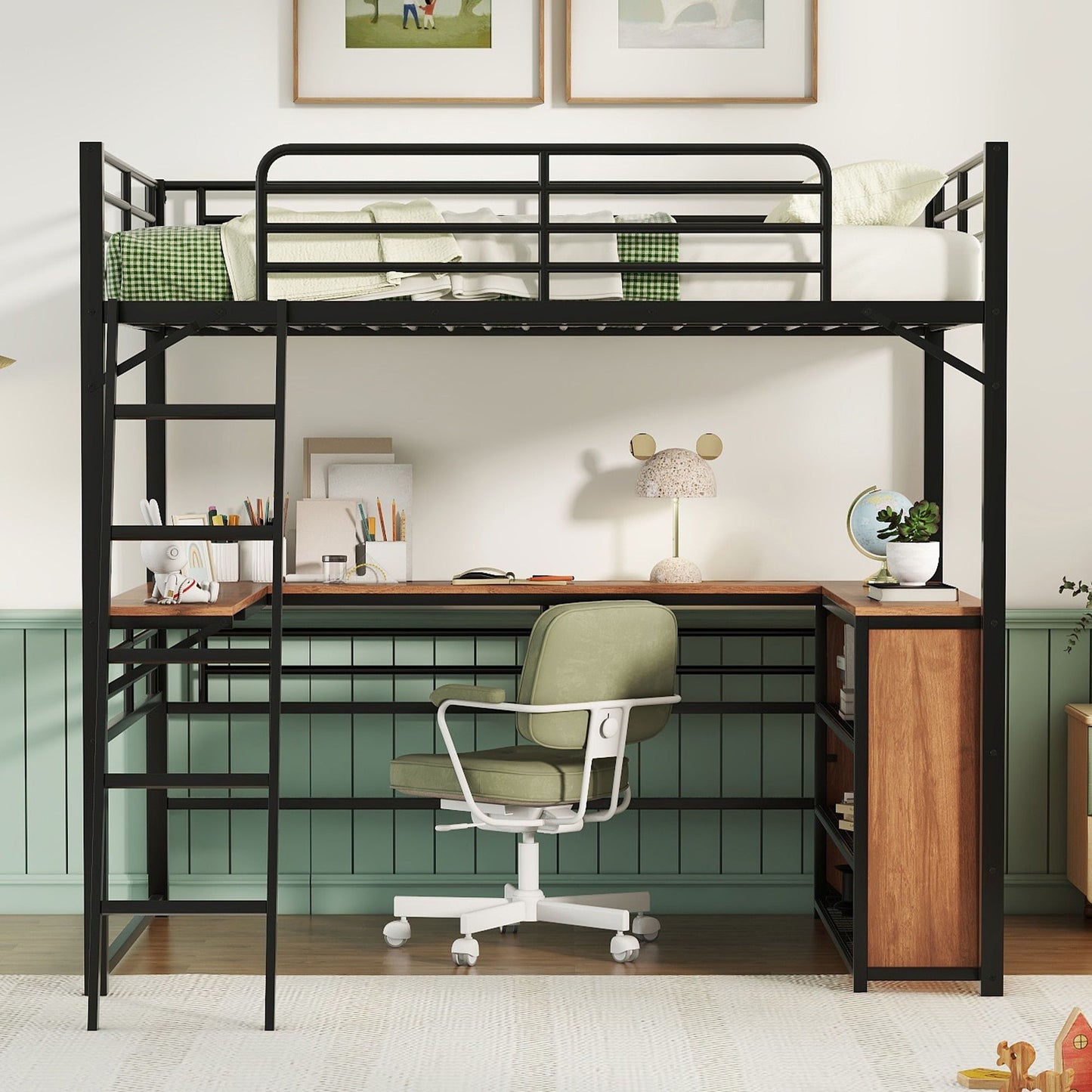 Loft Bed & 3 Layers Of Shelves And L-Shaped Desk