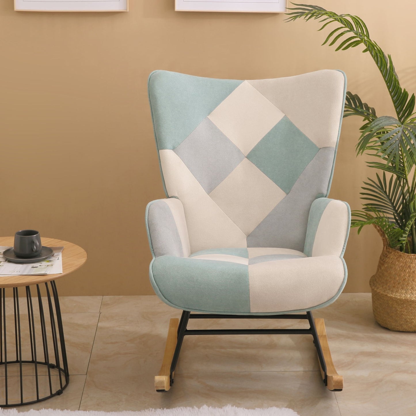 Accent Rocking Chair, Mid-Century Fabric Rocker Chair With Wood Legs And Patchwork Linen For Livingroom Bedroom - Blue