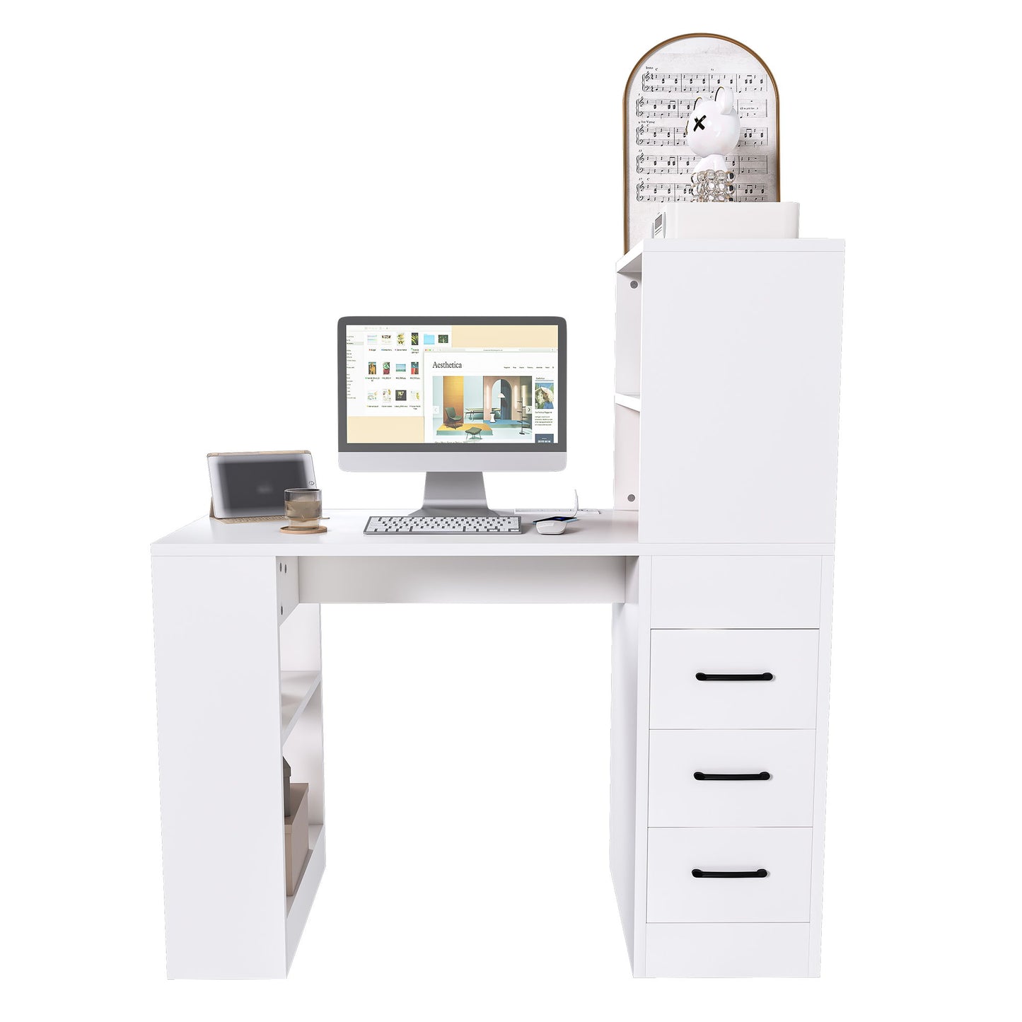Modern Computer Desk With Built In Socket 3 Slide Drawers 4 Storage Levels - White