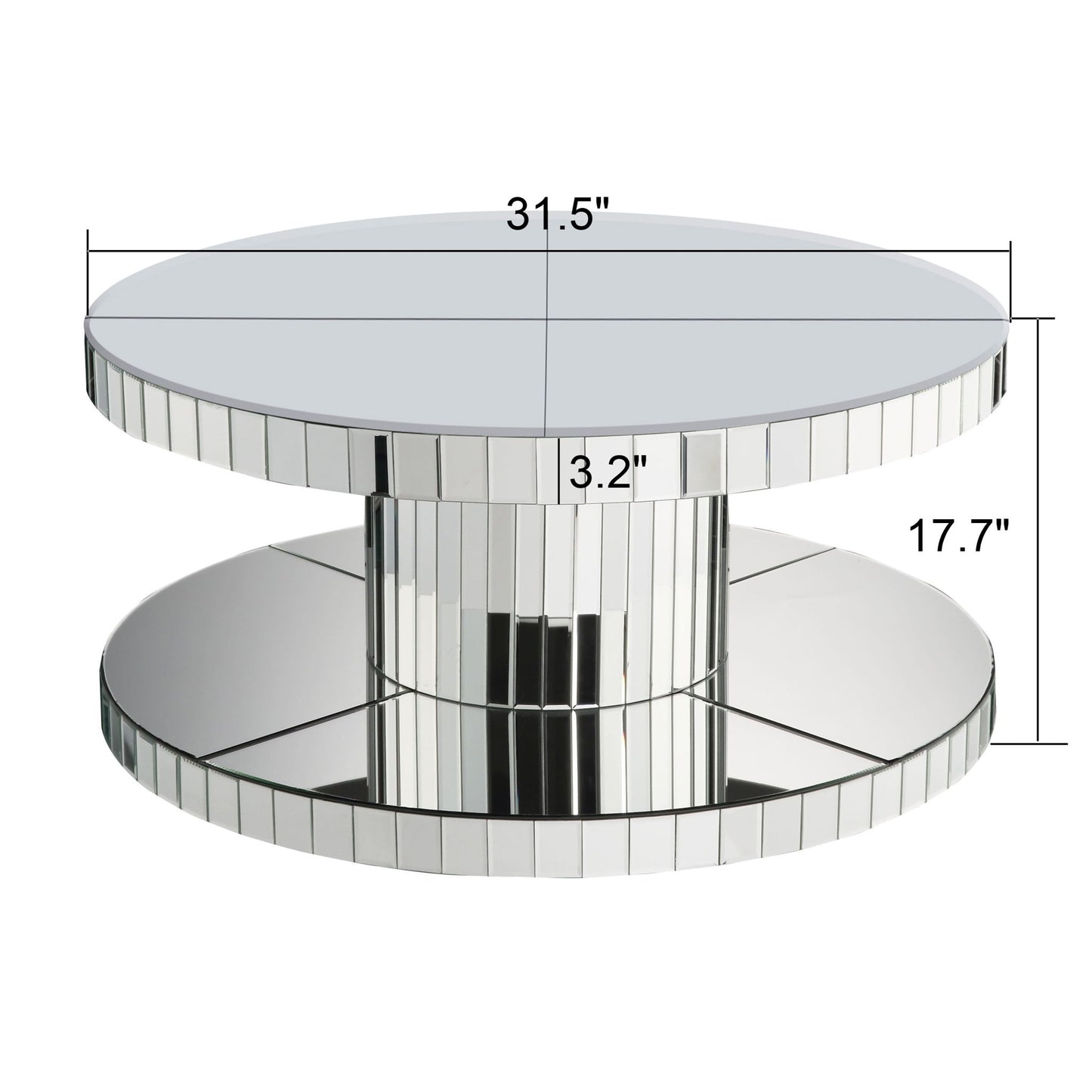 Luxury Double Tier Round Mirror Coffee & End Table With Fluted Glass Modern Sofa Side Table - Silver / Glass