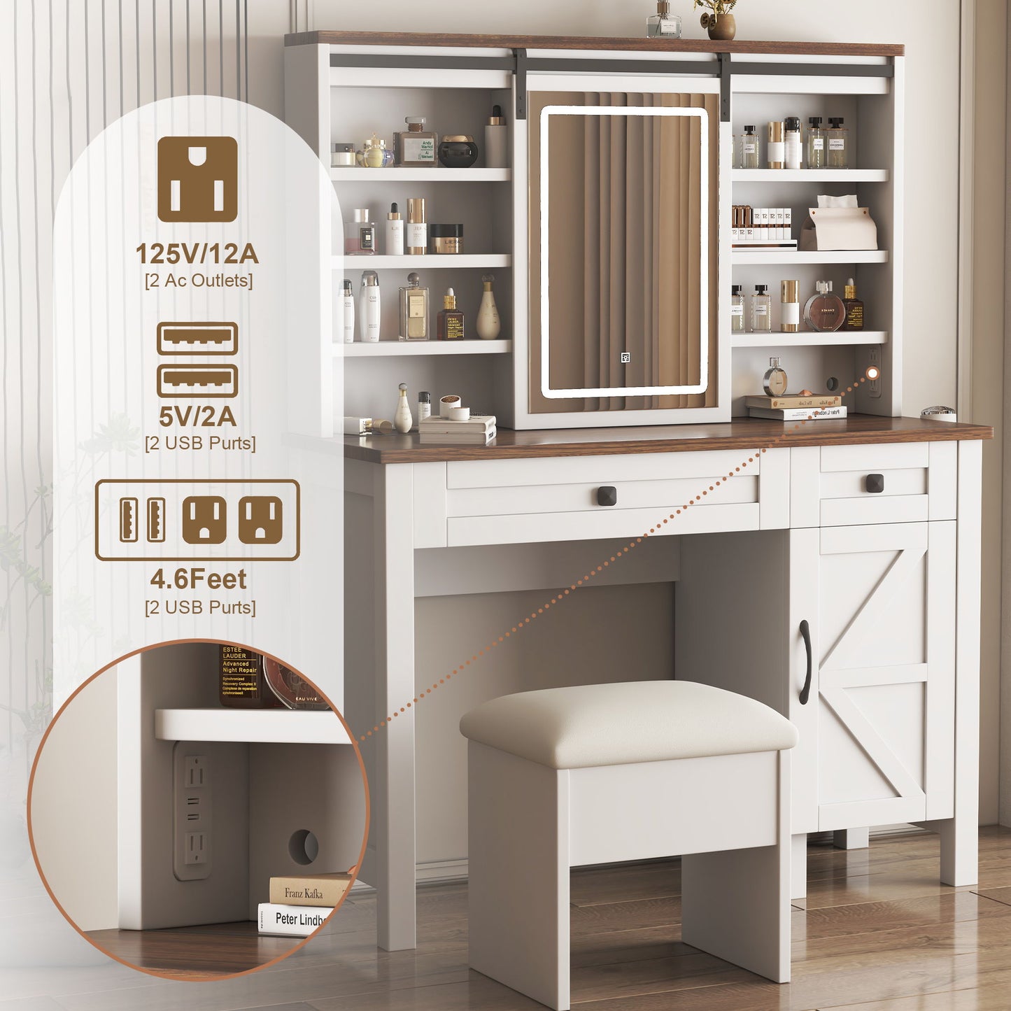 Rustic Farmhouse Makeup Vanity Desk With Sliding Mirror, LED Lights, And Charging Socket - White