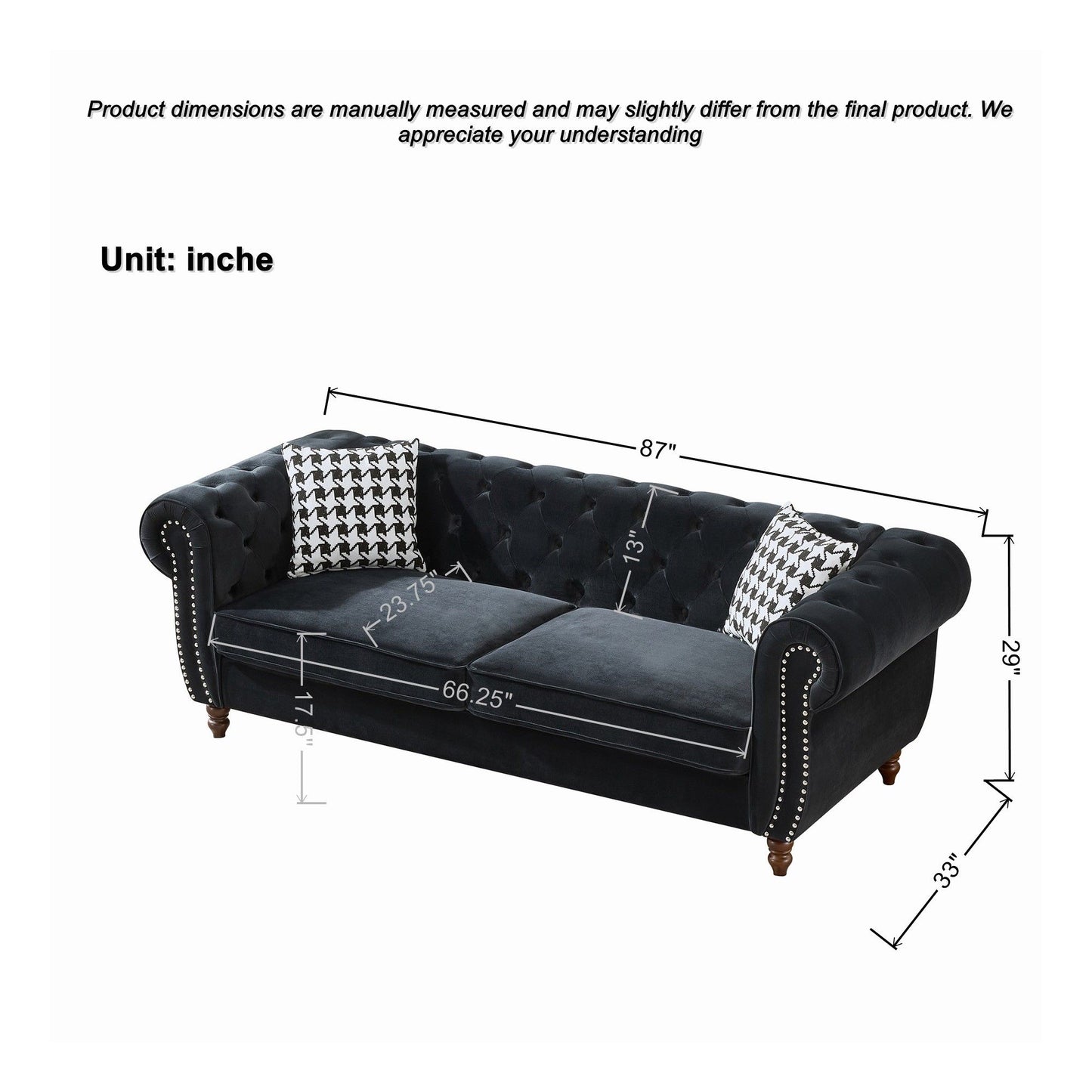 Chesterfield 3 And 2 Seater Velvet Upholstery Sofa With Roll Armrest & Nailhead Fabric Couch