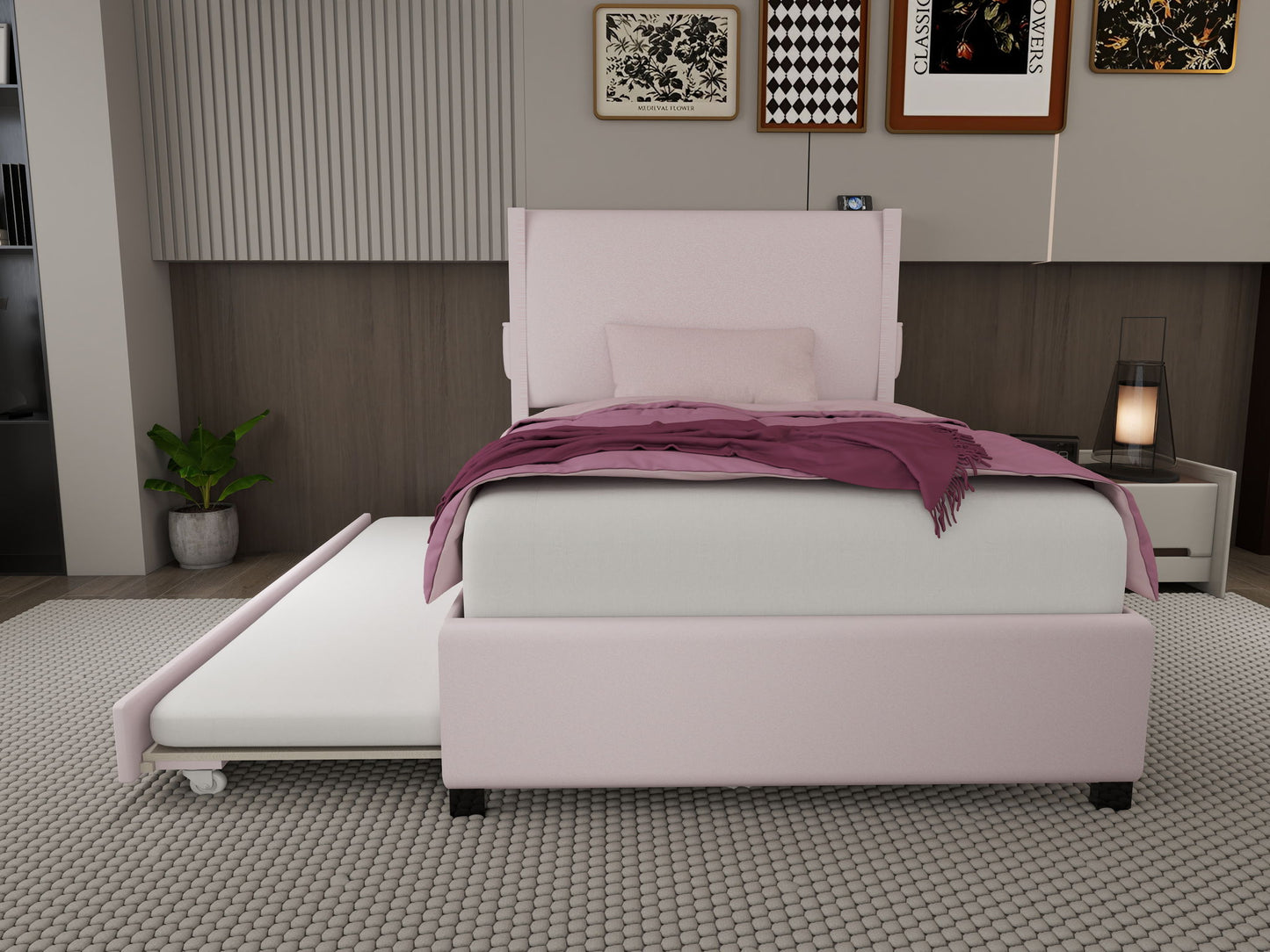 Twin Size Upholstered Bed Frame With Trundle Bed, Teddy Fabric, USB Functionality, And A Pocket Design On The Side Of The Headboard For Storing Small Items - Baby Pink