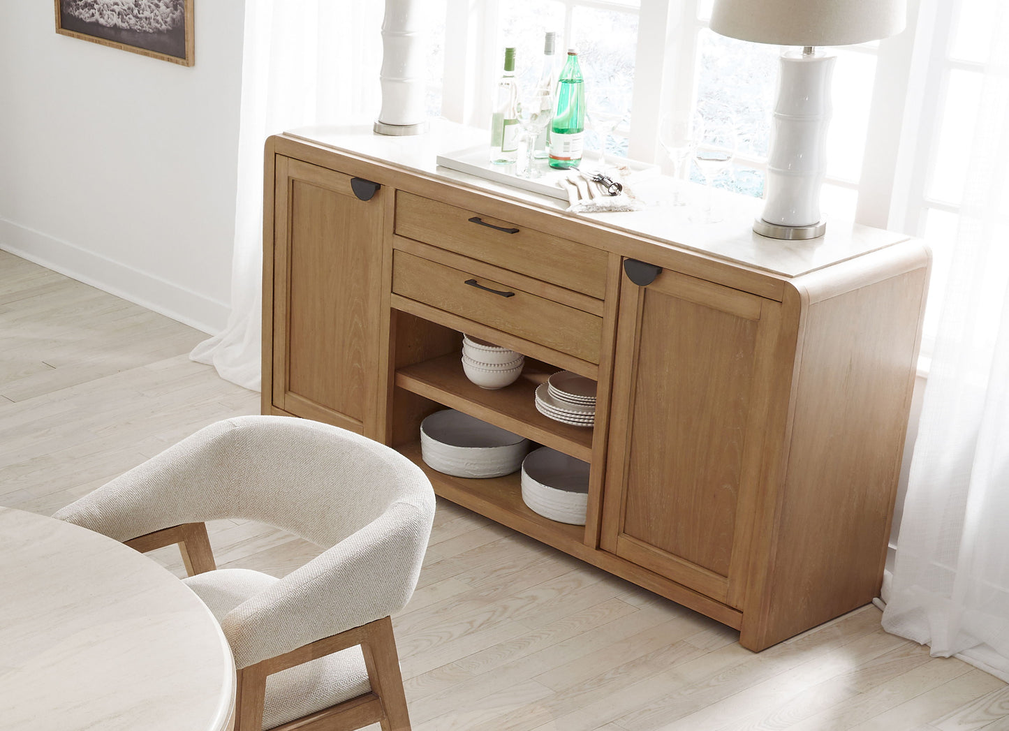 Escape - 72" Dining Buffet Server With Stone Top - Glazed Natural Oak Natural Cane Vanilla Bean Stone