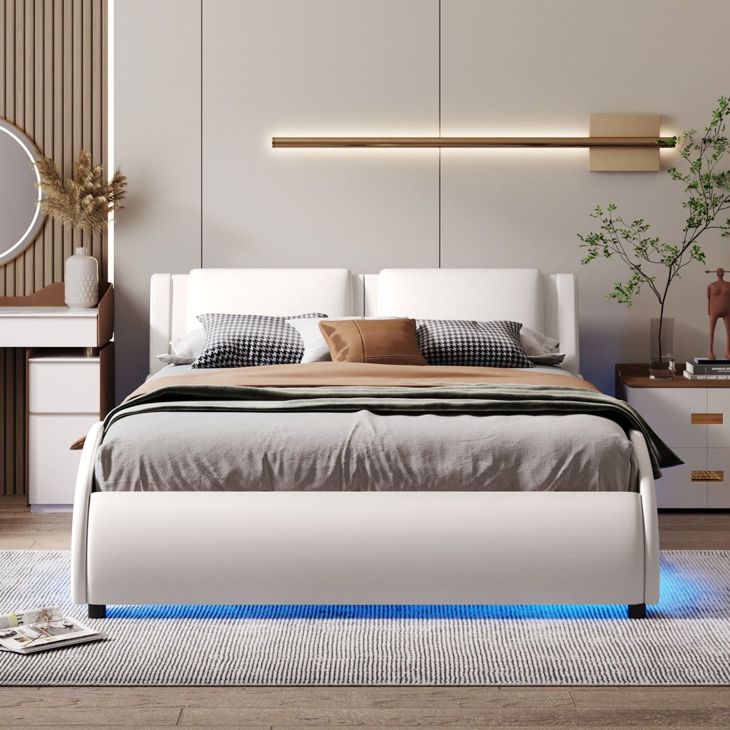 Upholstered Platform Bed With LED Light, Frame Slatted