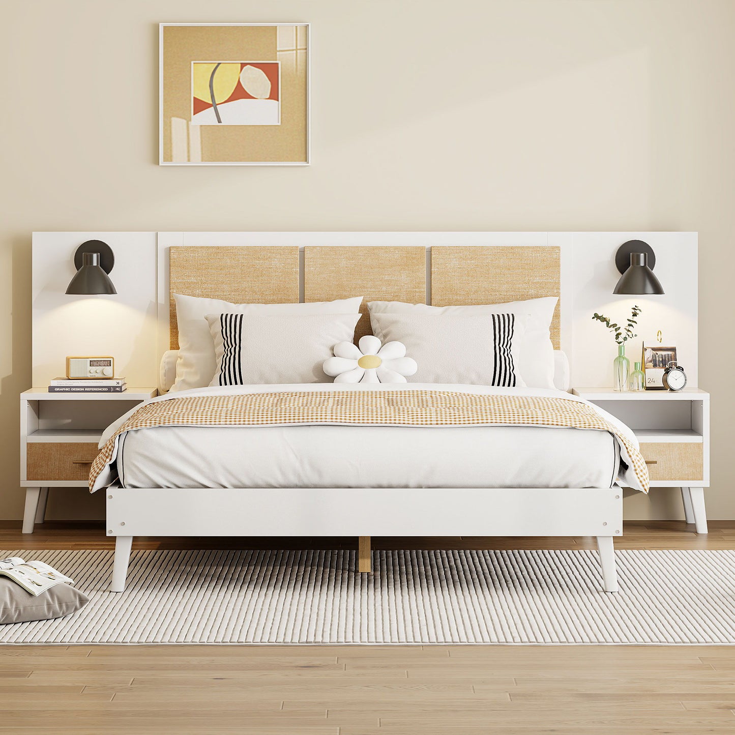 Bed Frame With 2 Nightstands Elegant Design With Lamps