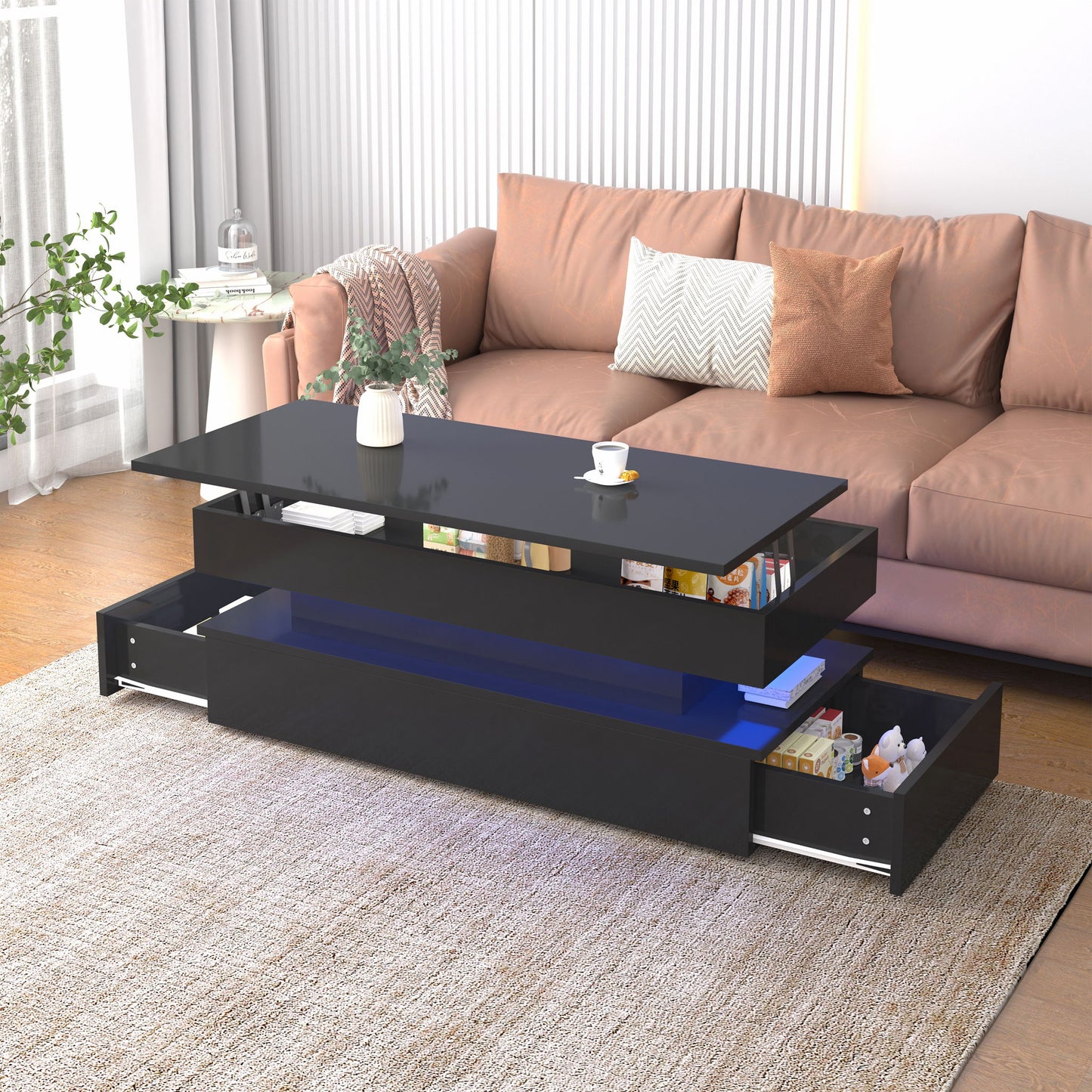 Contemporary Foldable Coffee Table With Drawers And LED, 3 Tier Design
