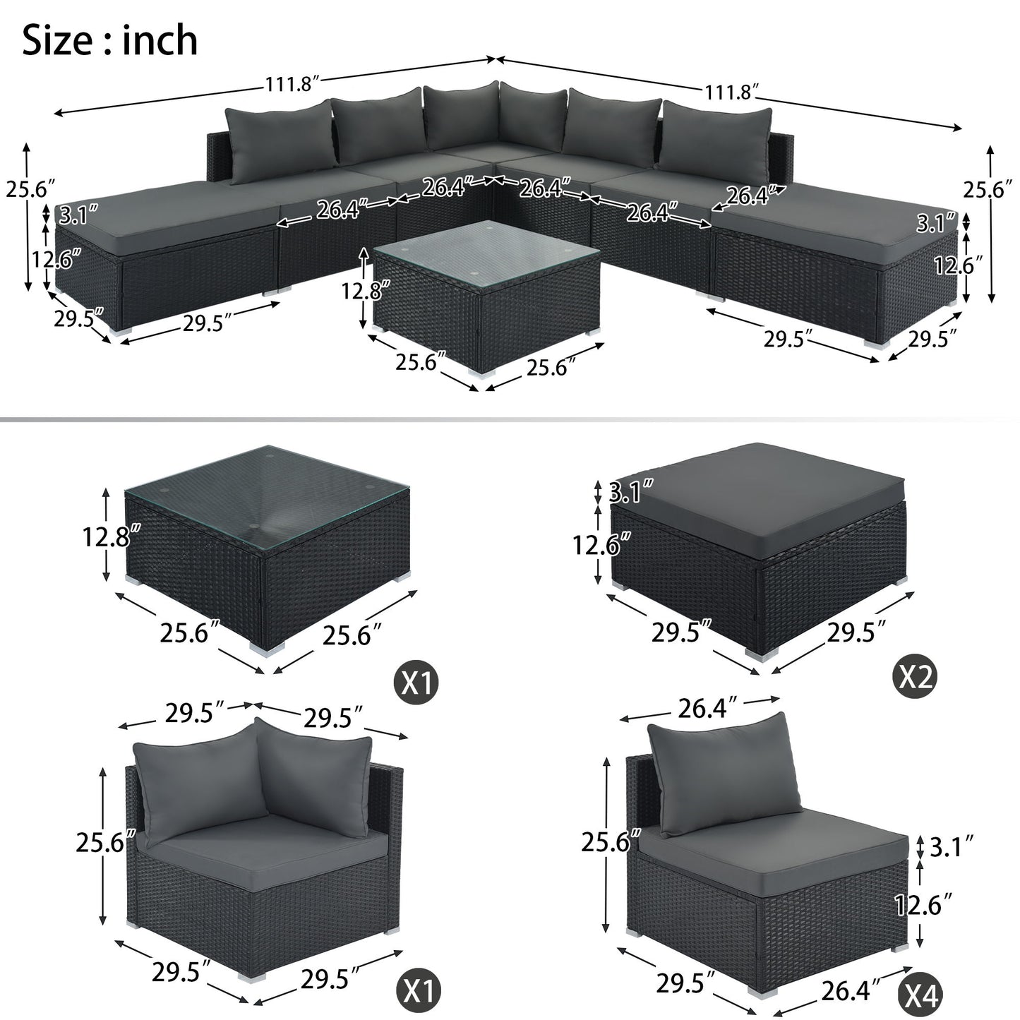 8 Pieces Outdoor Patio Furniture Conversation Wicker Sofa Set
