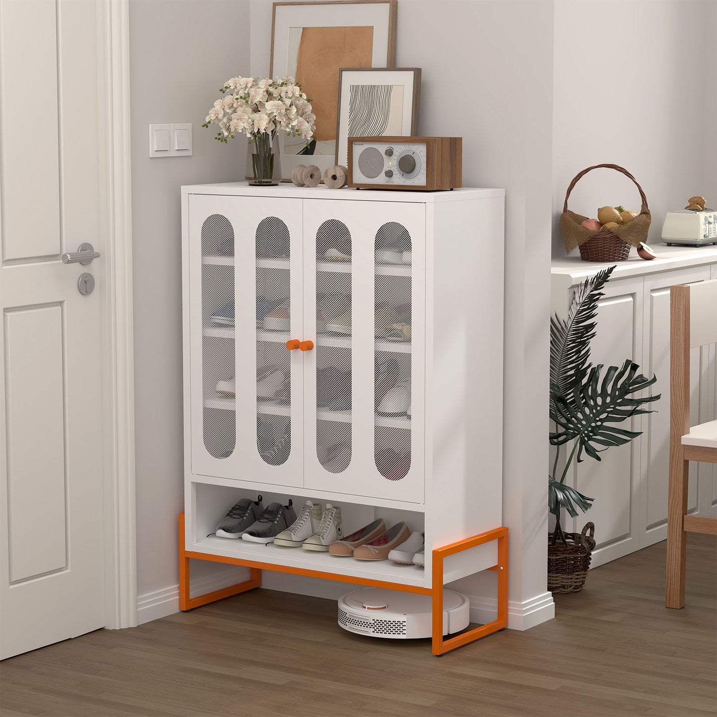 Modern Metal Shoe Cabinet With DoublebSided Mesh Doors And Adjustable Partitions