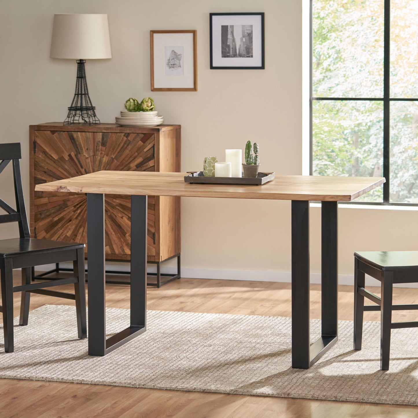 Dining Table With Top And Iron Frame - Natural / Black