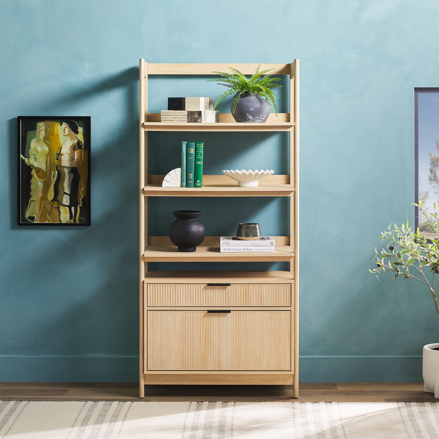 Transitional Wide Reeded Bookshelf With Drawers On Bottom