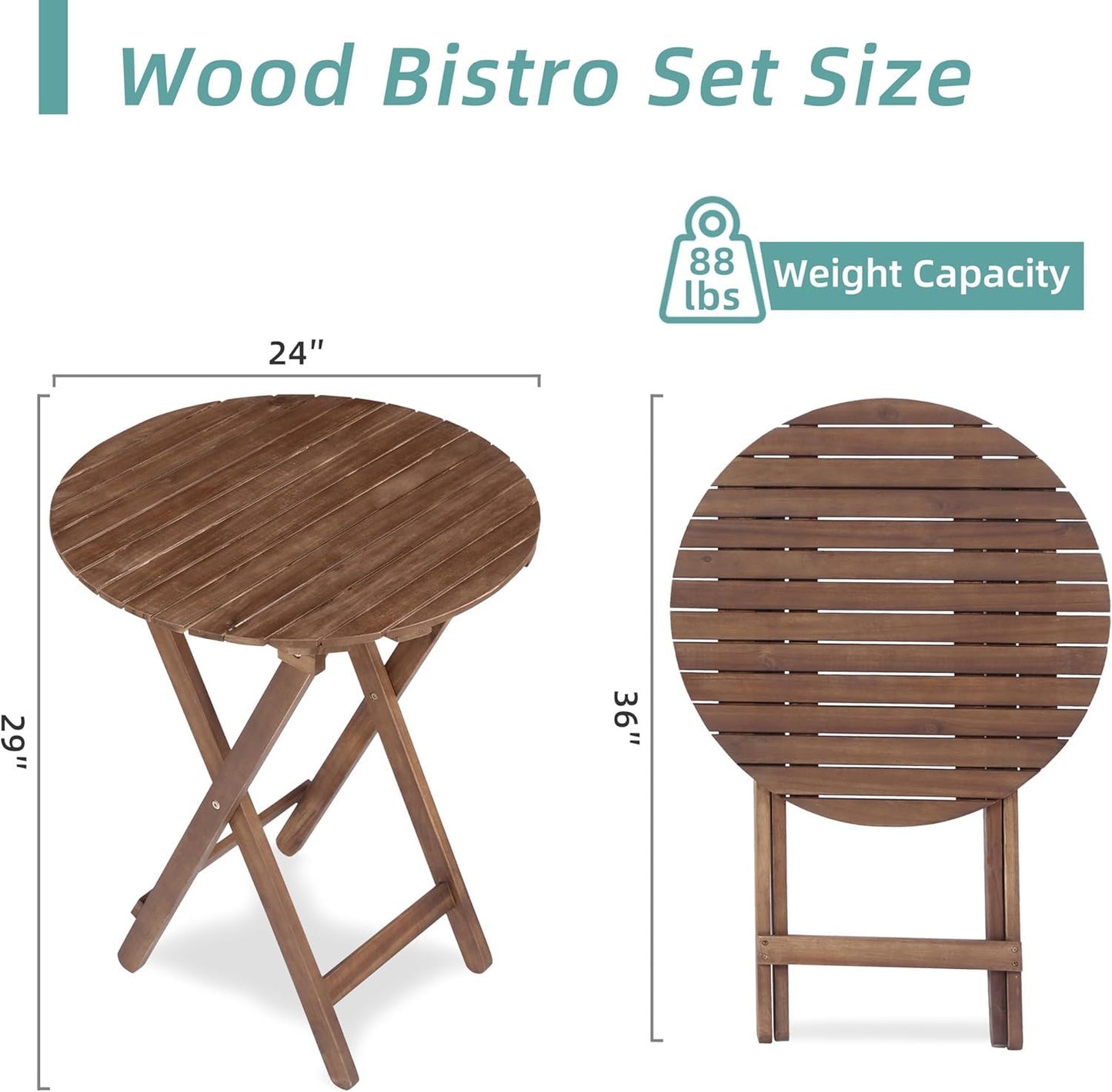 3 Piece Acacia Bistro Set, Folding Patio Furniture With 1 Coffee Table And 2 Foldable Chairs