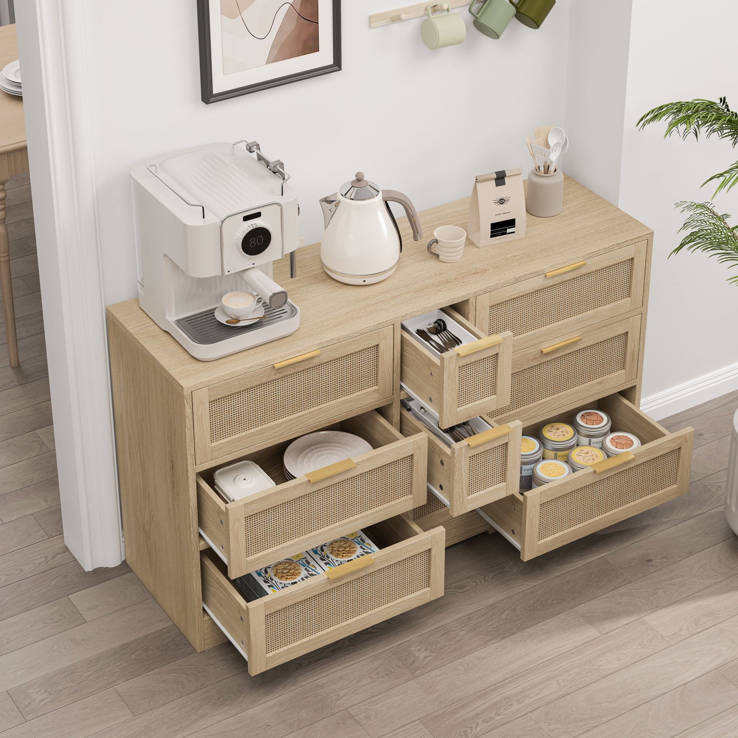 Elegant Rattan Locker With 9 Drawers, Metal Handles