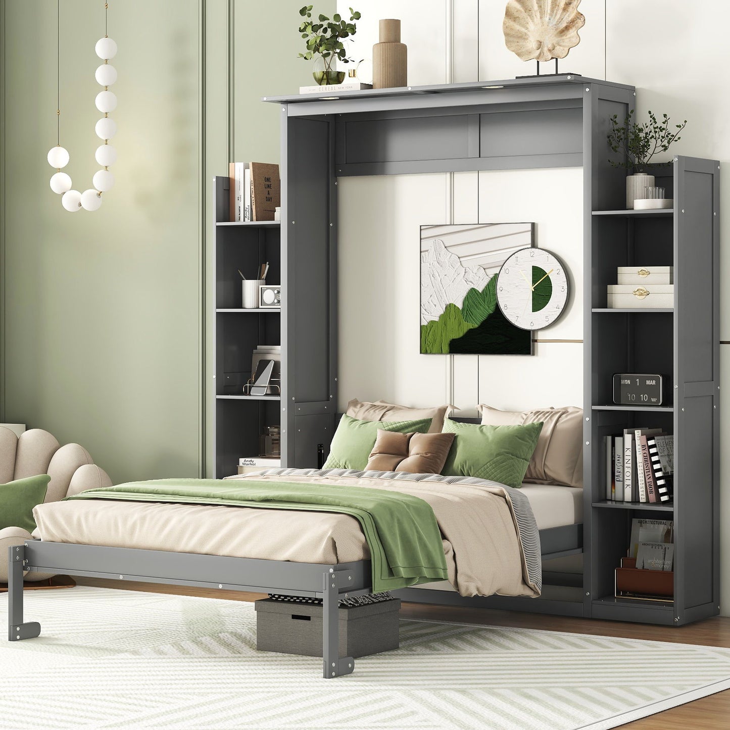 Wall Murphy Bed With Shelves And LED Lights