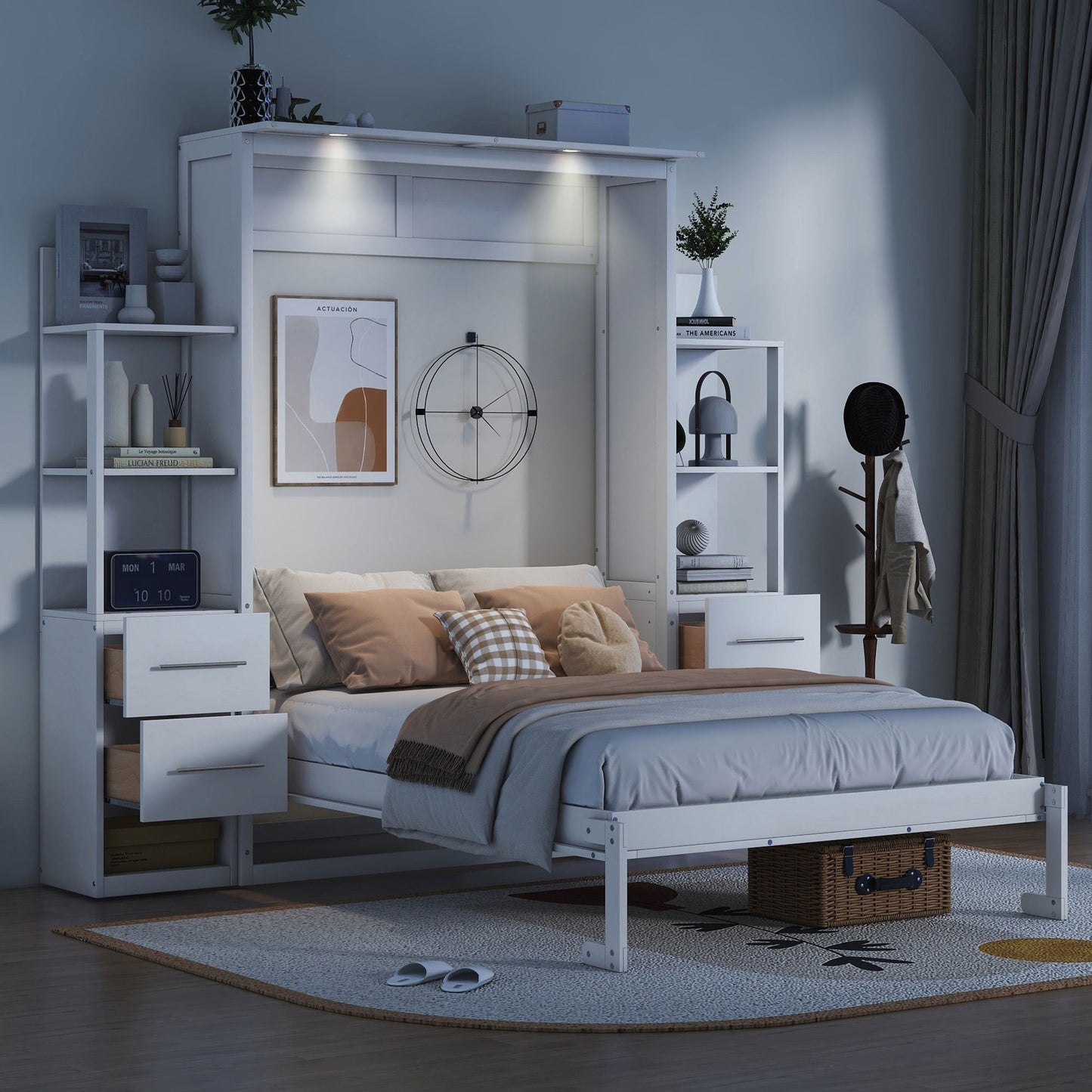 Murphy Wall Bed With Shelves, Drawers And LED Lights