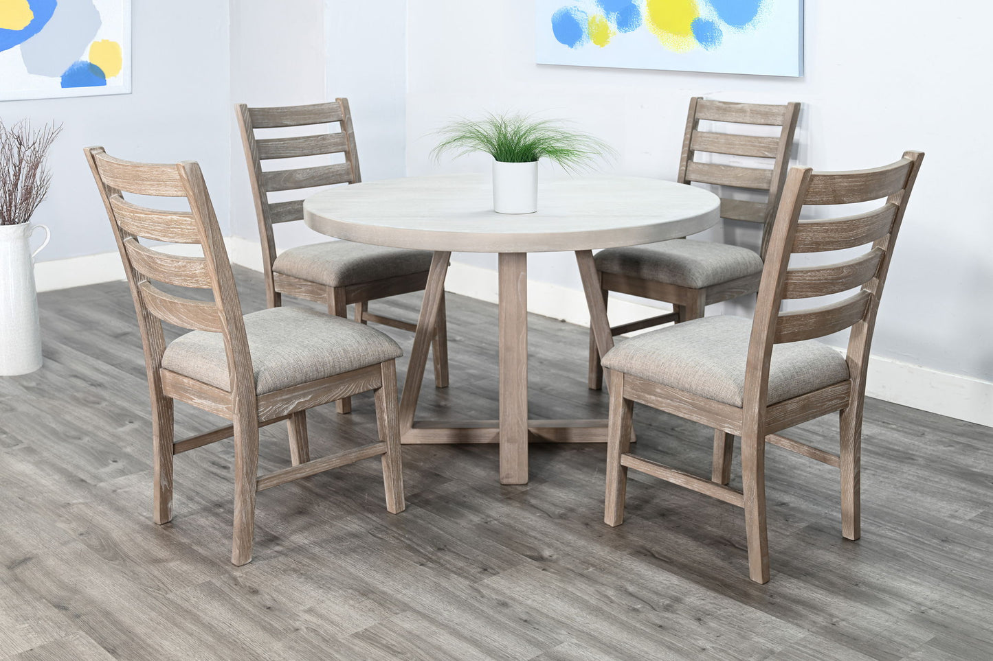 Rowan - 5 Piece Round Dining Set (Table, 4 Chairs) - Light Gray / Wheat