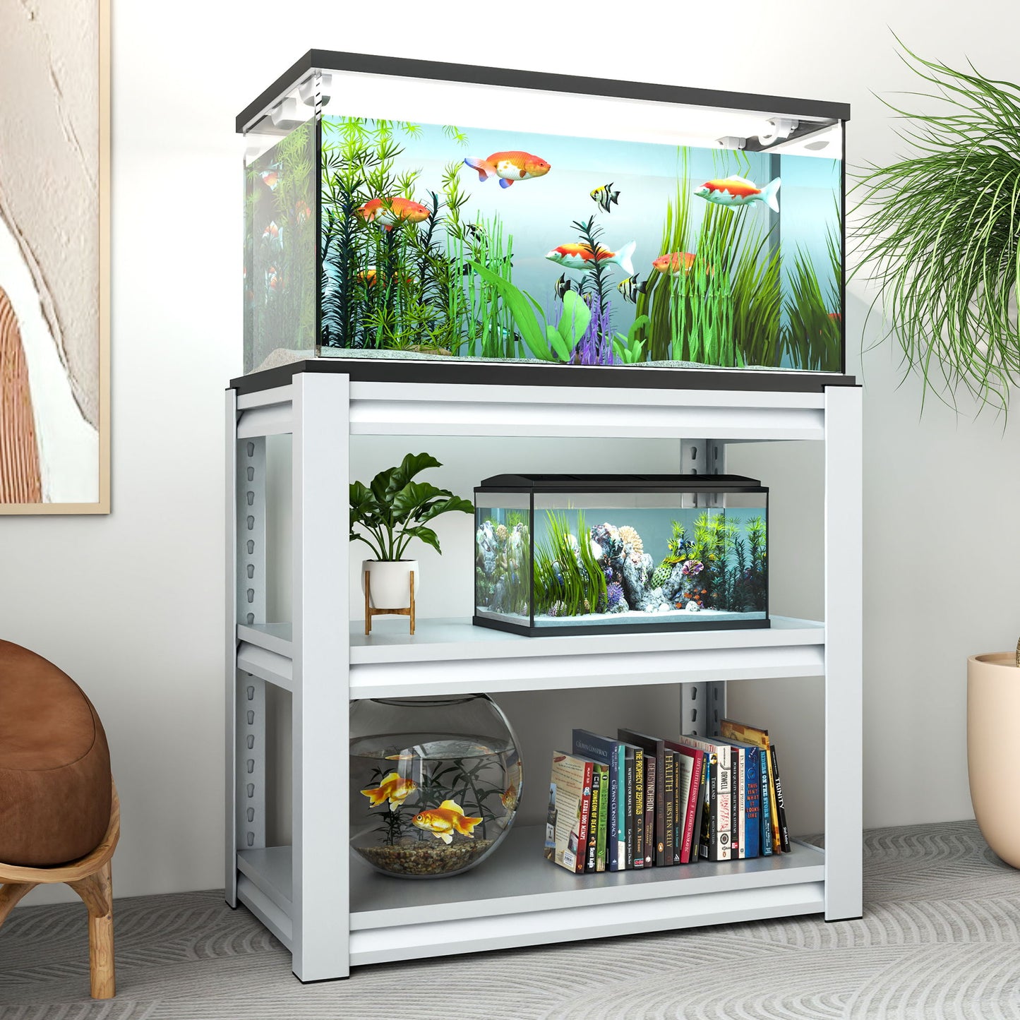 Stylish Metal Aquarium Stand For 20 - 30 Gallon Tanks, 3 Tier Adjustable Shelf