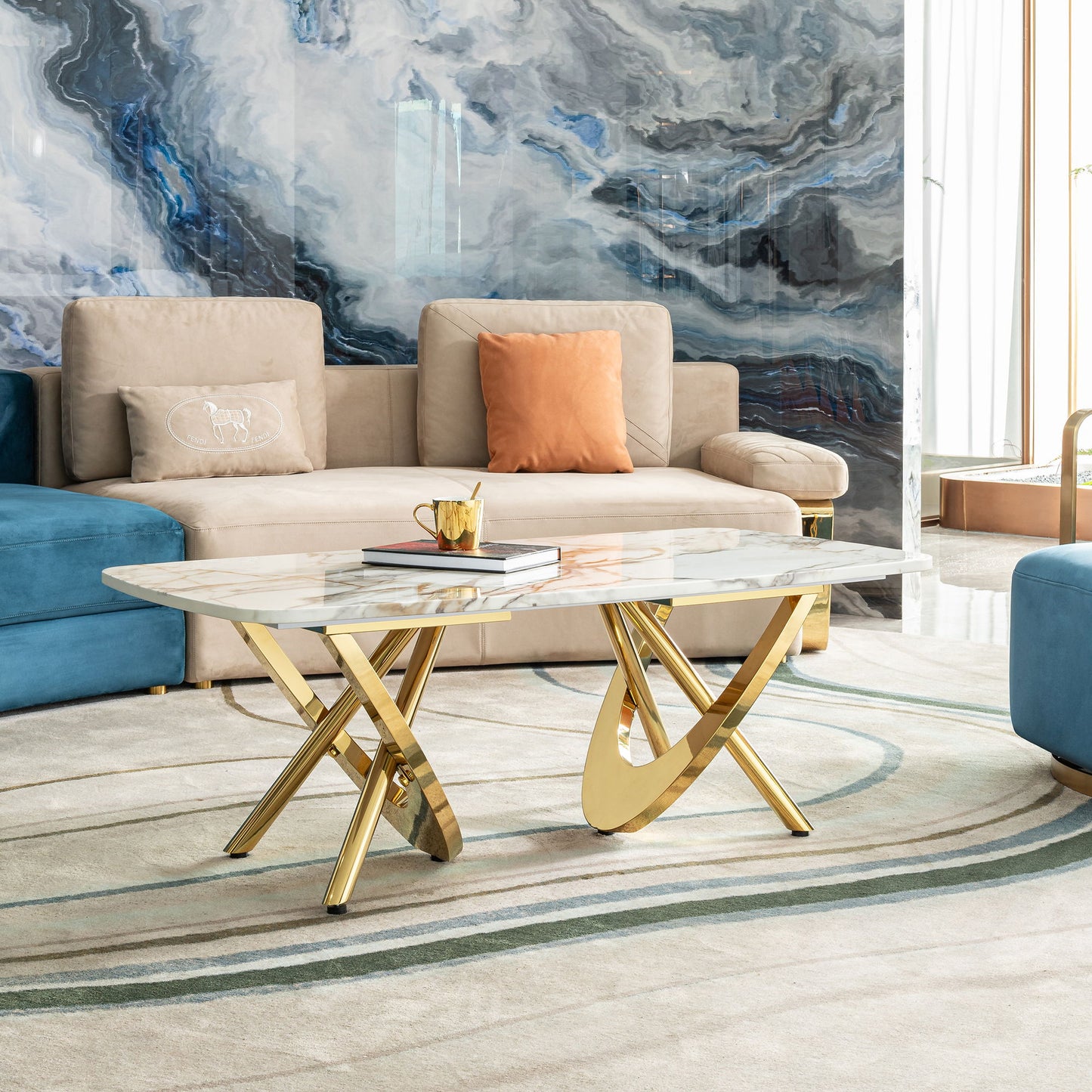 Contemporary Marble Pattern Top Table With Stainless Steel Base