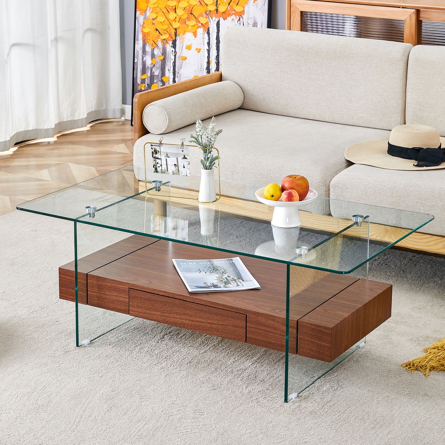 Modern 2 Tier Square Coffee Table, Elegant Marble Pattern