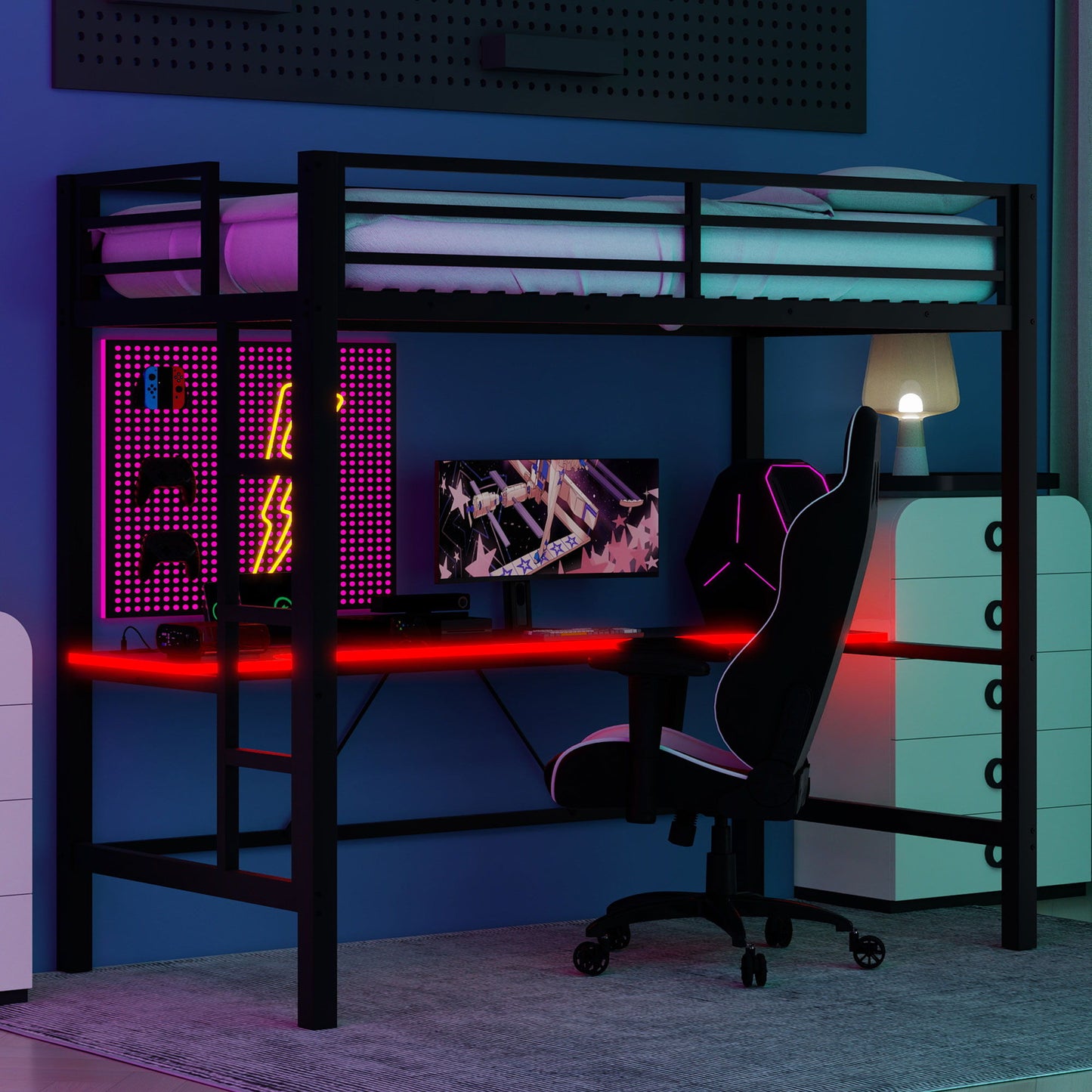 Gaming Metal Loft Bed Frame With LED Light, USB Charge Station And Desk