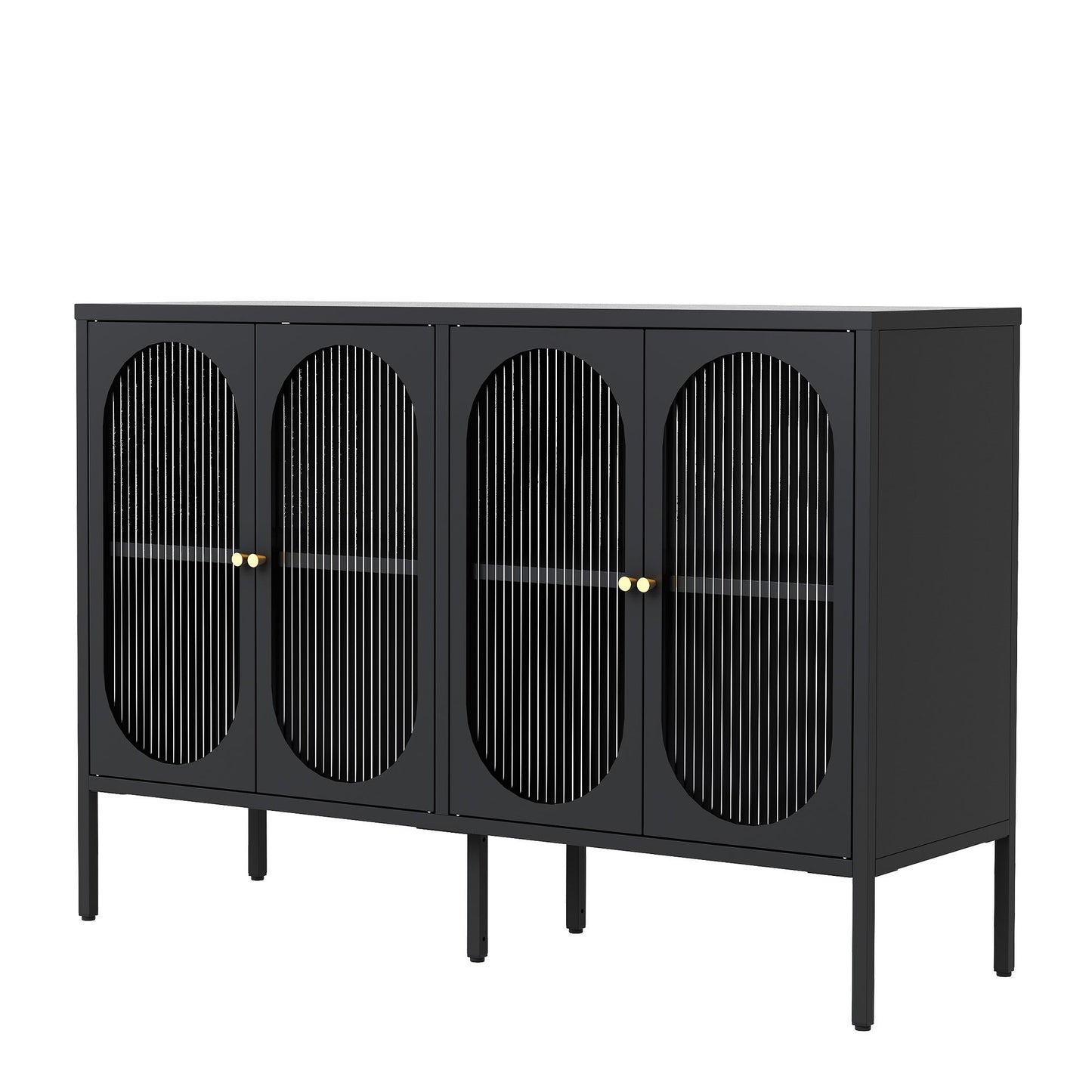 Modern Metal Sideboard Cabinet With 4 Glass Doors, Steel Kitchen Storage And Coffee Bar Cabinet - Black