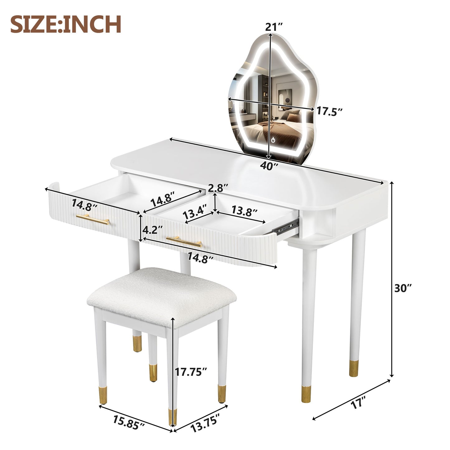 Modern Vanity Table Set With Mirror Touch Screen Lighted Mirror, Dressing Table And Cushioned Stool Set With 2 Large Drawers - White