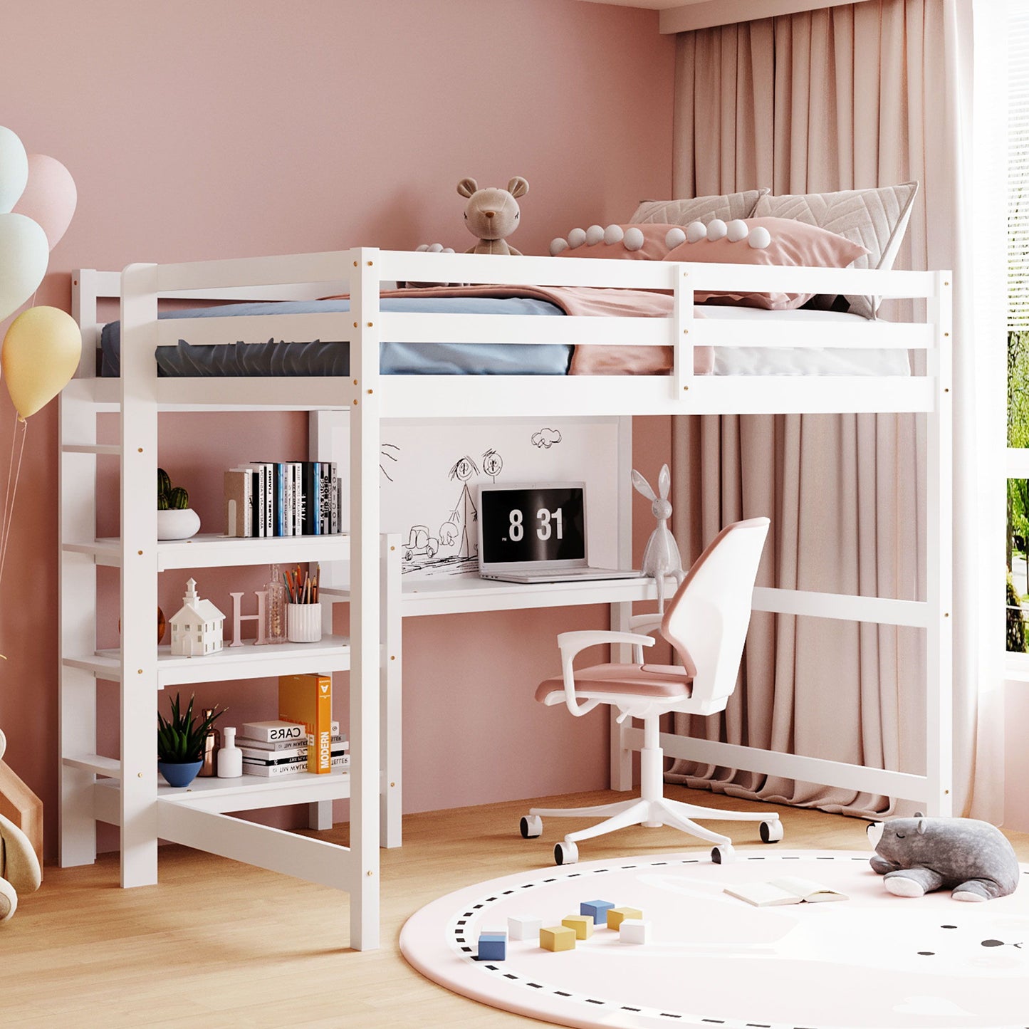 Loft Bed With Shelves, Desk And Writing Board
