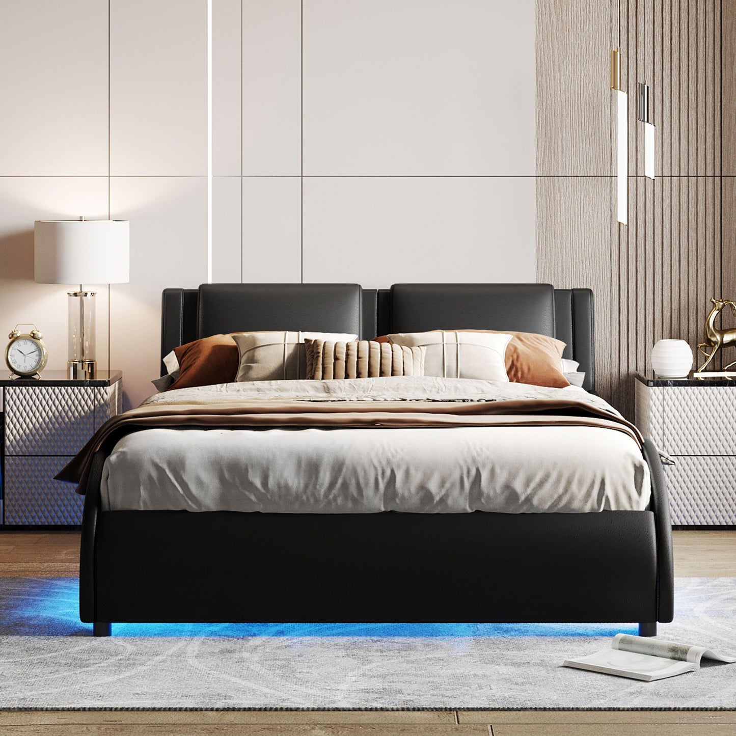 Upholstered Platform Bed With LED Light, Frame Slatted