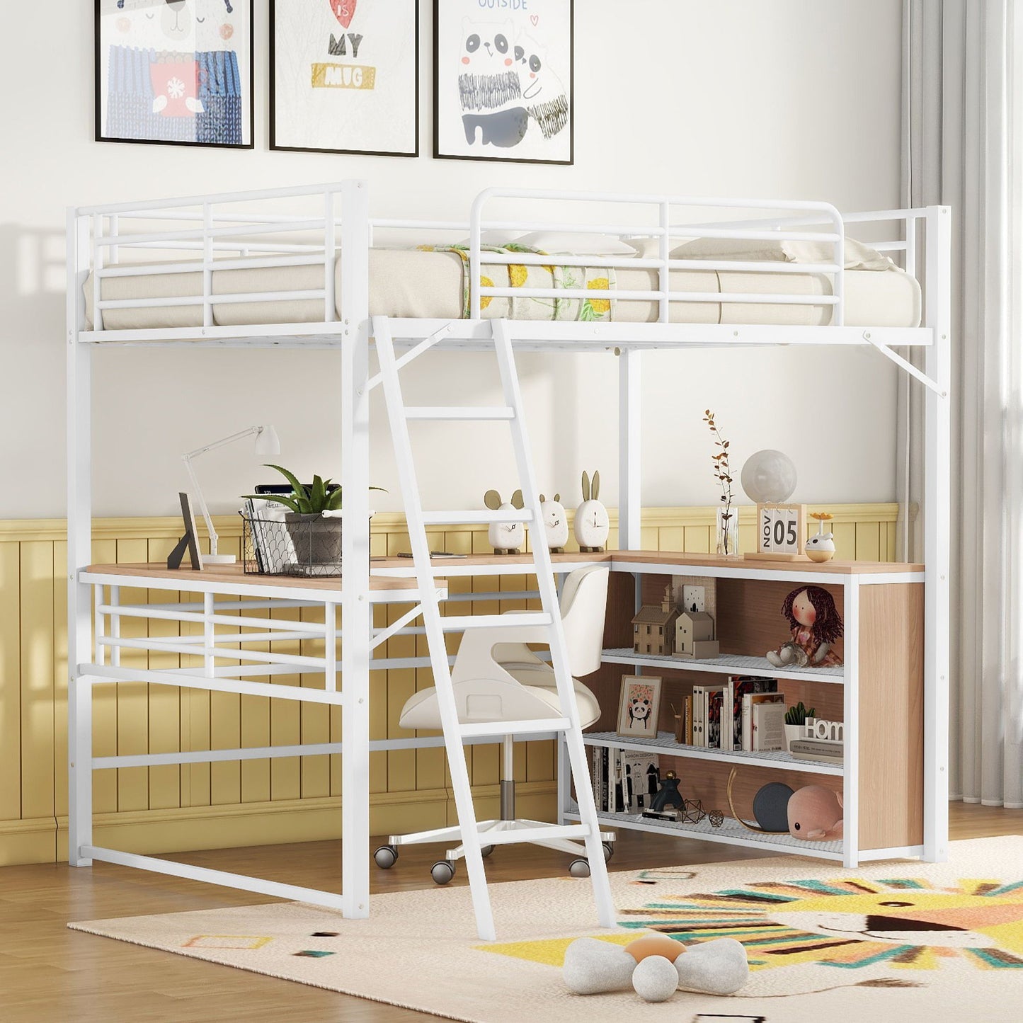 Loft Bed & 3 Layers Of Shelves And L-Shaped Desk
