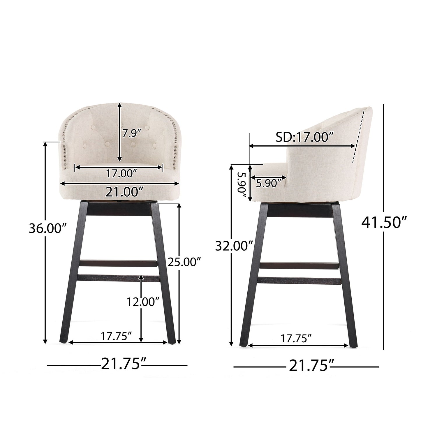 Mellifluous - 360 Degree Swivel Bar Stool With Stunning Nailhead Trim, (Set of 2)