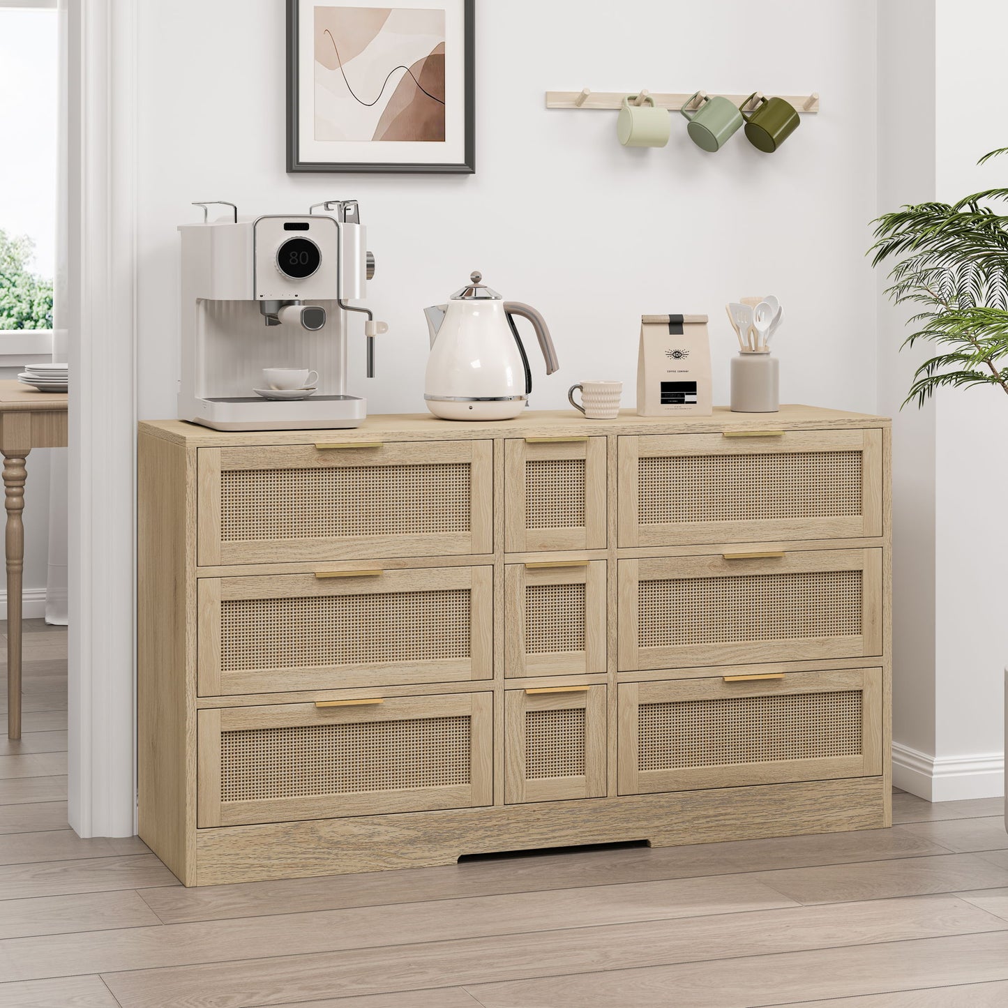 Elegant Rattan Locker With 9 Drawers, Metal Handles