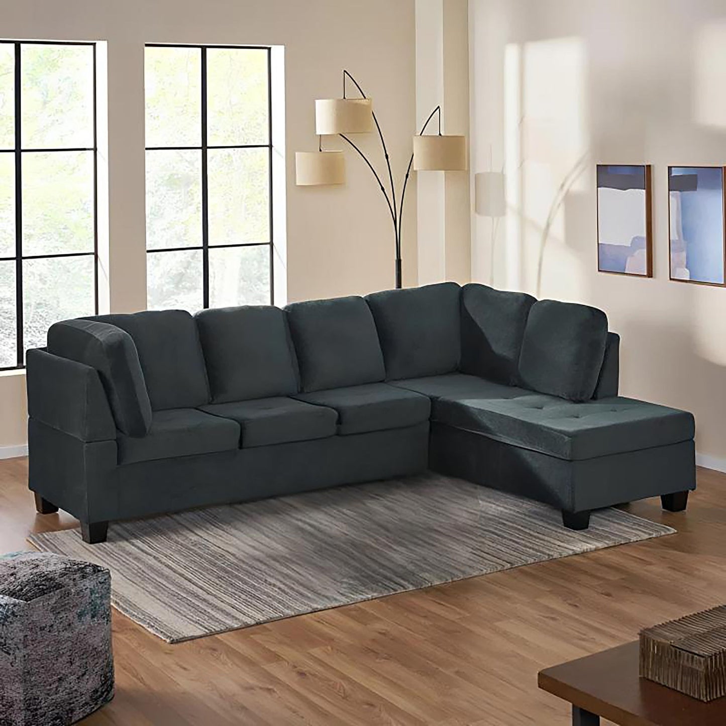 Modern L Shaped Fabric Sectional Sofa With Tufted Detail - Charcoal